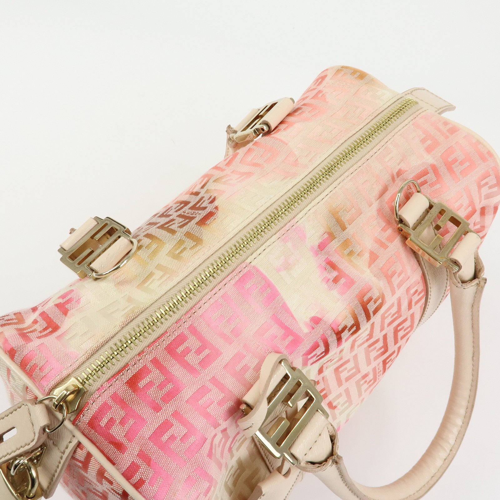 FENDI Zucchino Canvas Leather Mini Boston Bag Hand Bag Pink Ivory