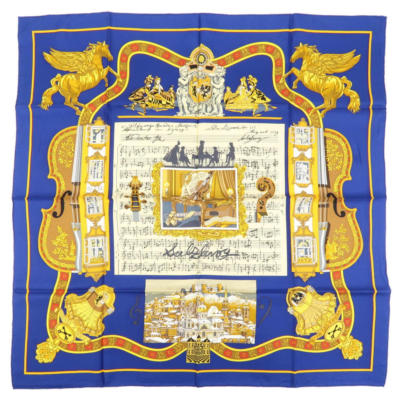 HERMES Carre 90 Silk 100% Scarf IN SALZBURG Blue Gold