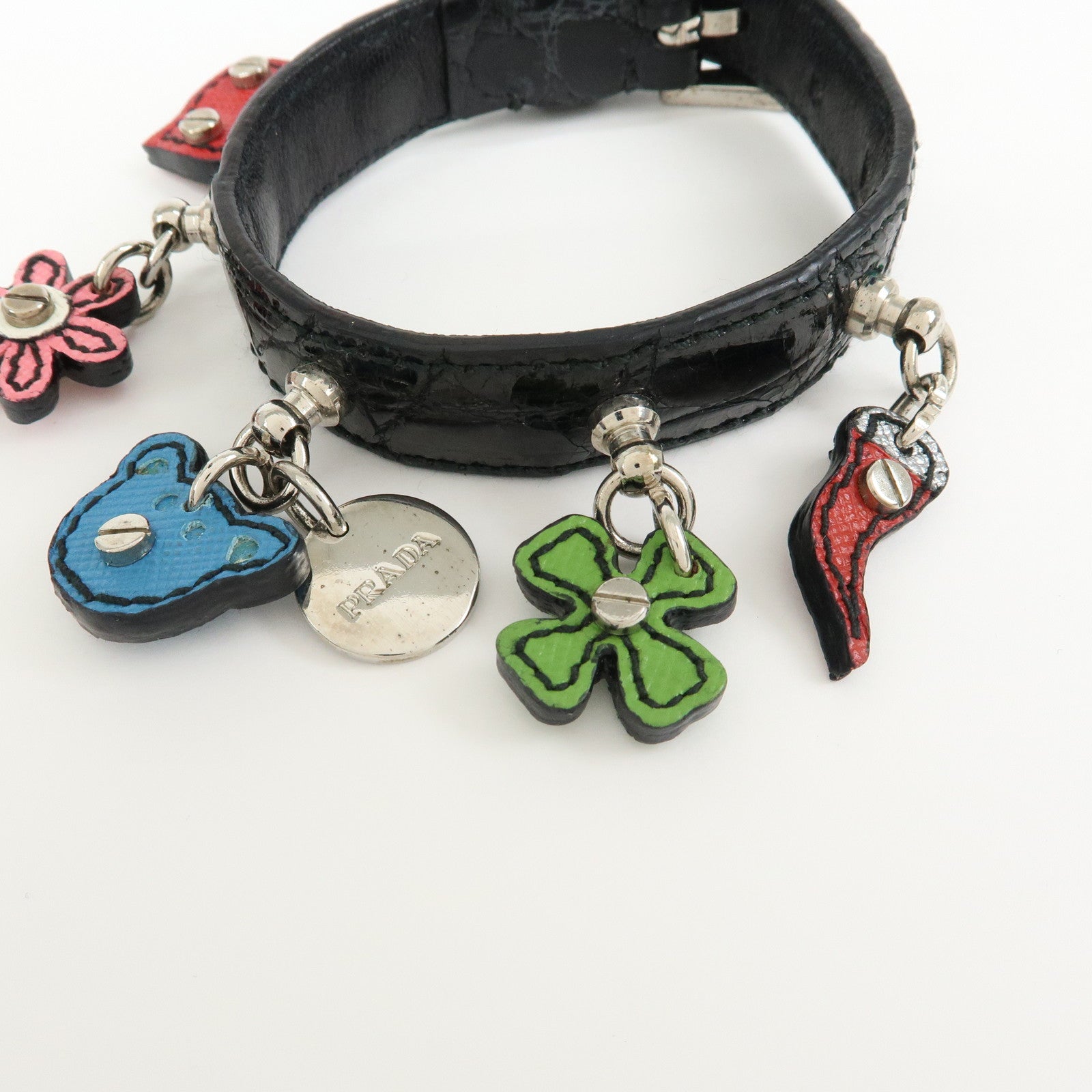 PRADA Patent Saffiano Leather Heart Flower Bear Bracelet Black