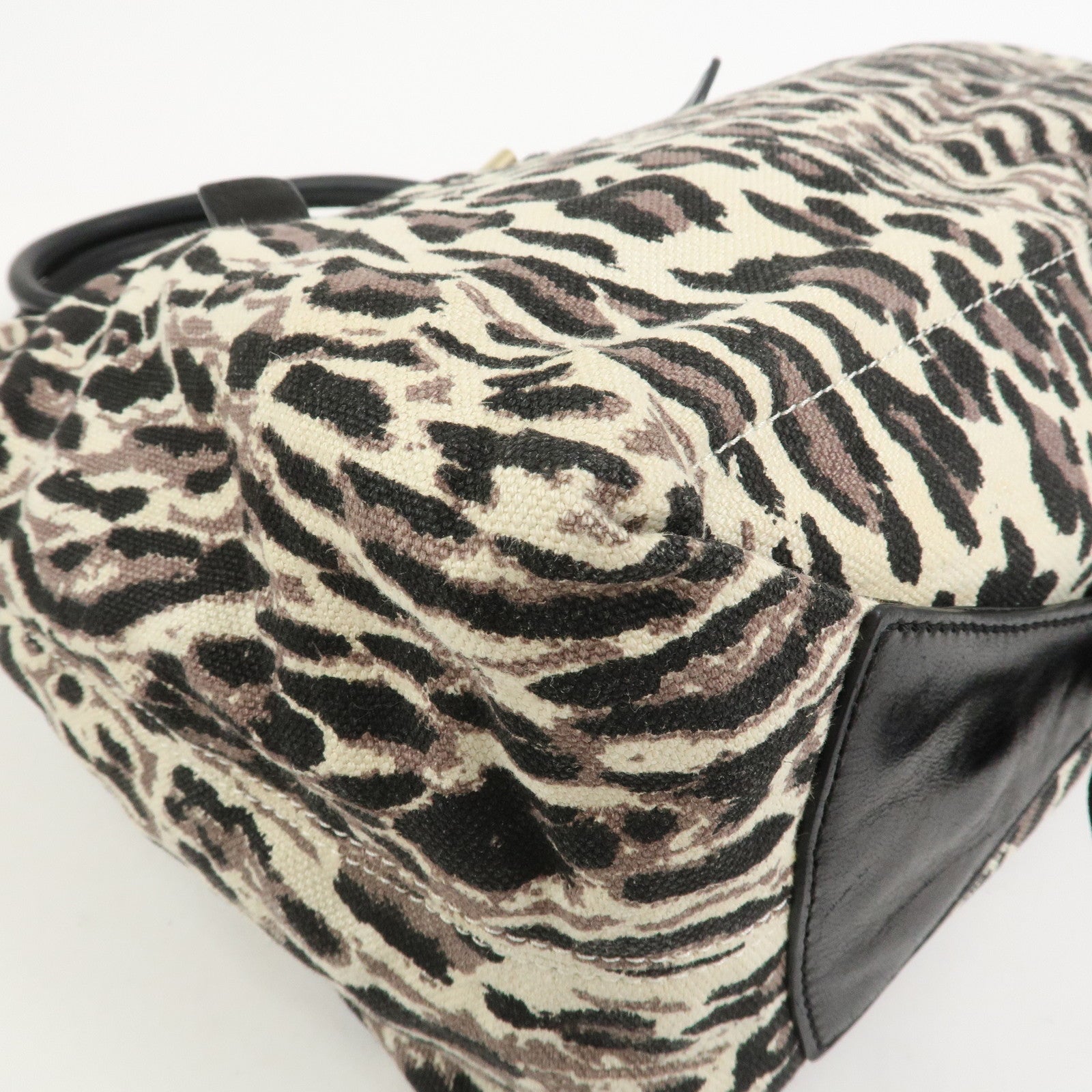 JIMMY CHOO Leopard Canvas Leather Tote Bag Shoulder Bag Ivory Black
