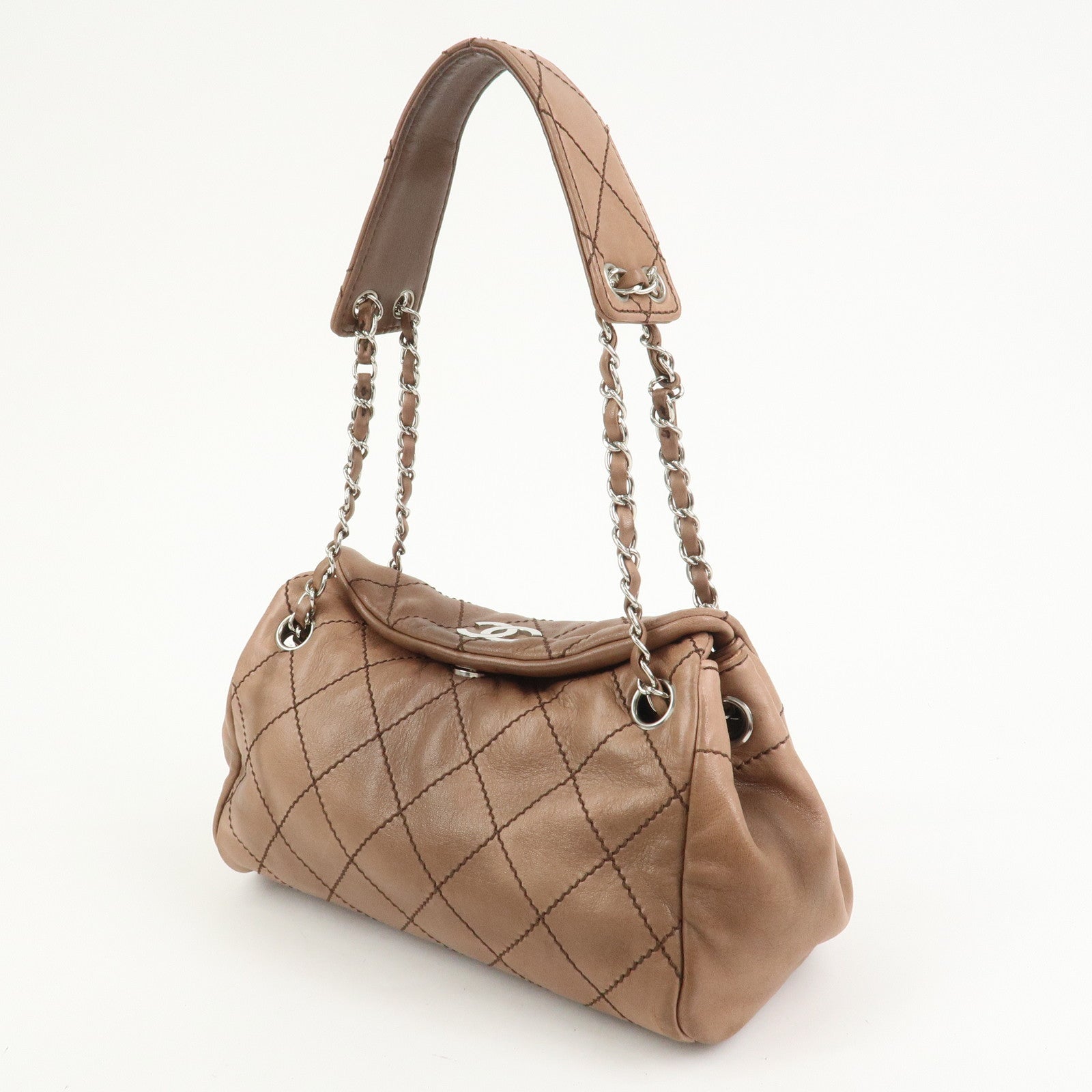 CHANEL Wild Stitch COCO Mark Lamb Skin Shoulder Bag Pink Beige