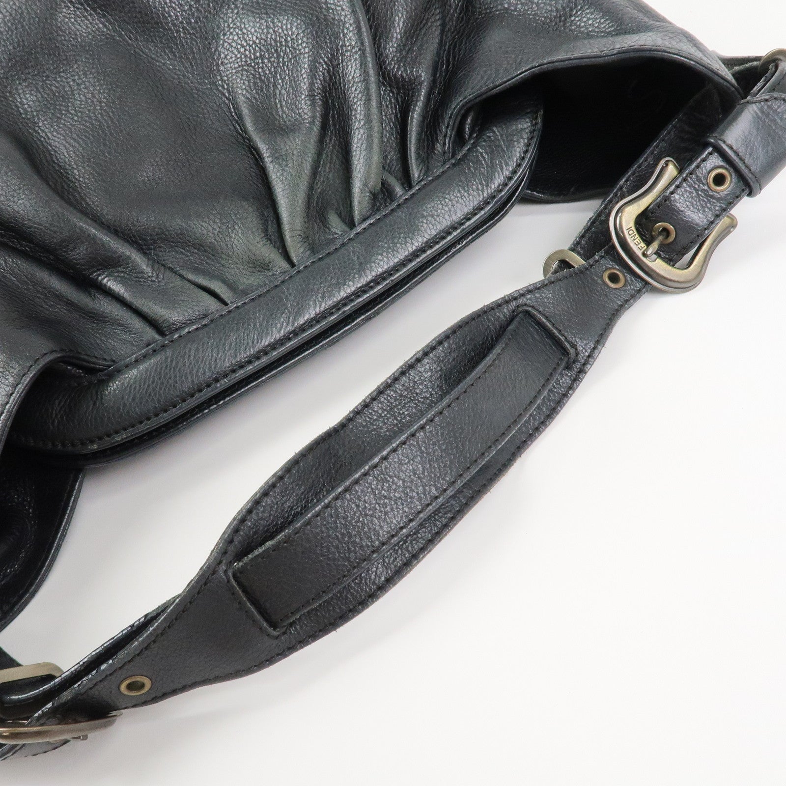 FENDI Logo Leather Shoulder Bag Tote Bag Black 8BR579