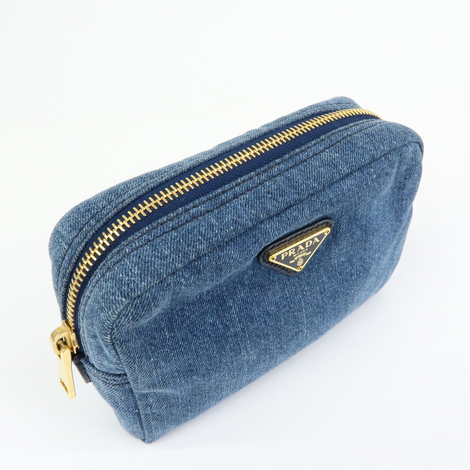 PRADA Triangle Logo Denim Cosmetic Pouch Accessory Pouch Blue