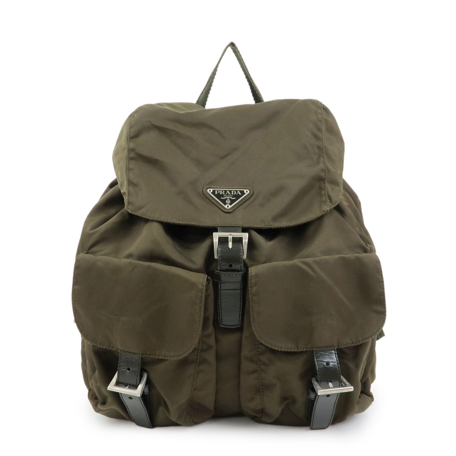 PRADA Triangle Logo Nylon Leather Backpack Rucksack Khaki B6677
