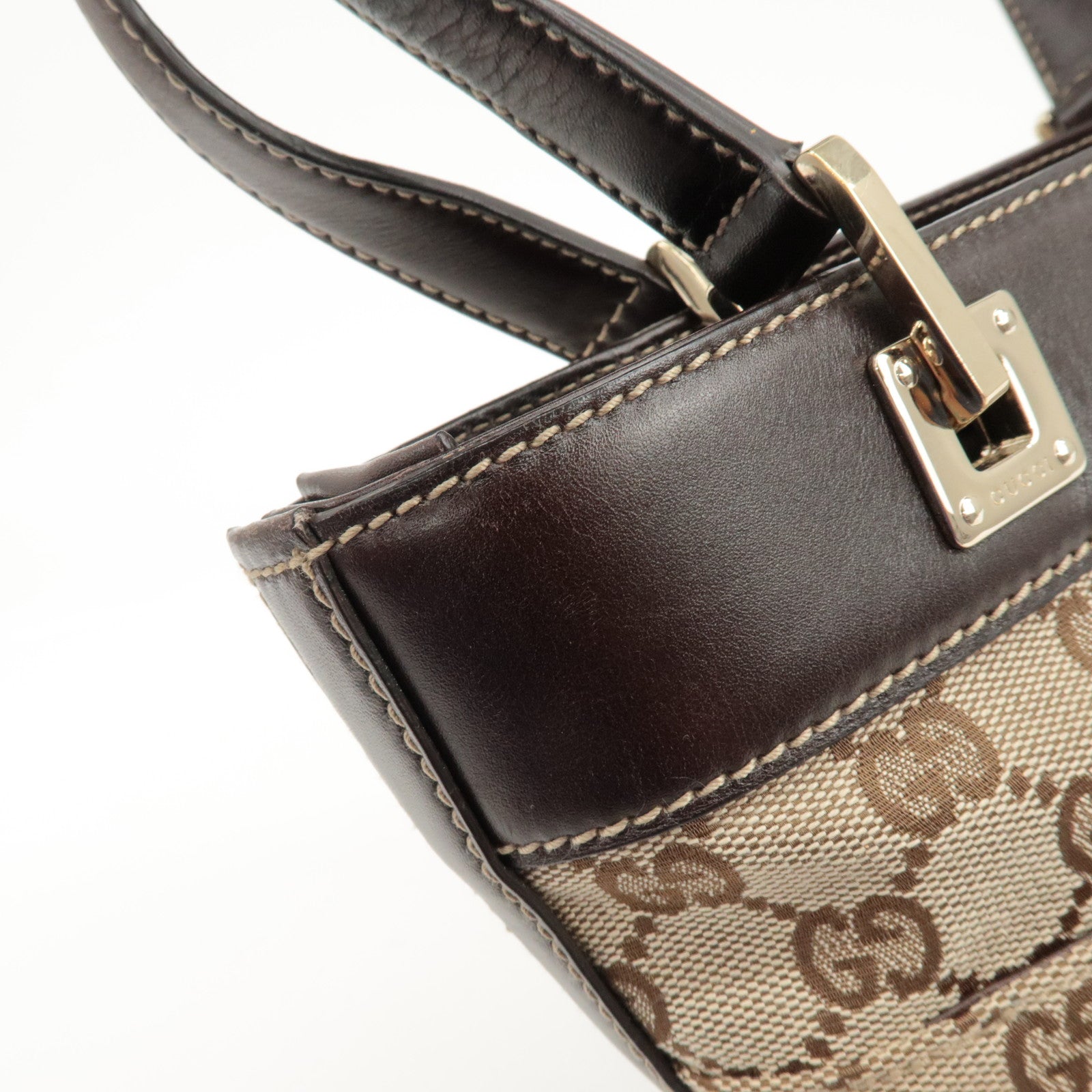 GUCCI GG Canvas Leather Tote Bag Hand Bag Beige Dark Brown 145994 Used