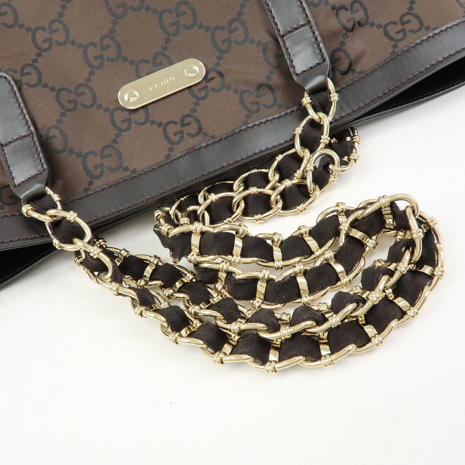 GUCCI GG Nylon Leather Chain Tote Bag Shoulder Bag Brown 196750