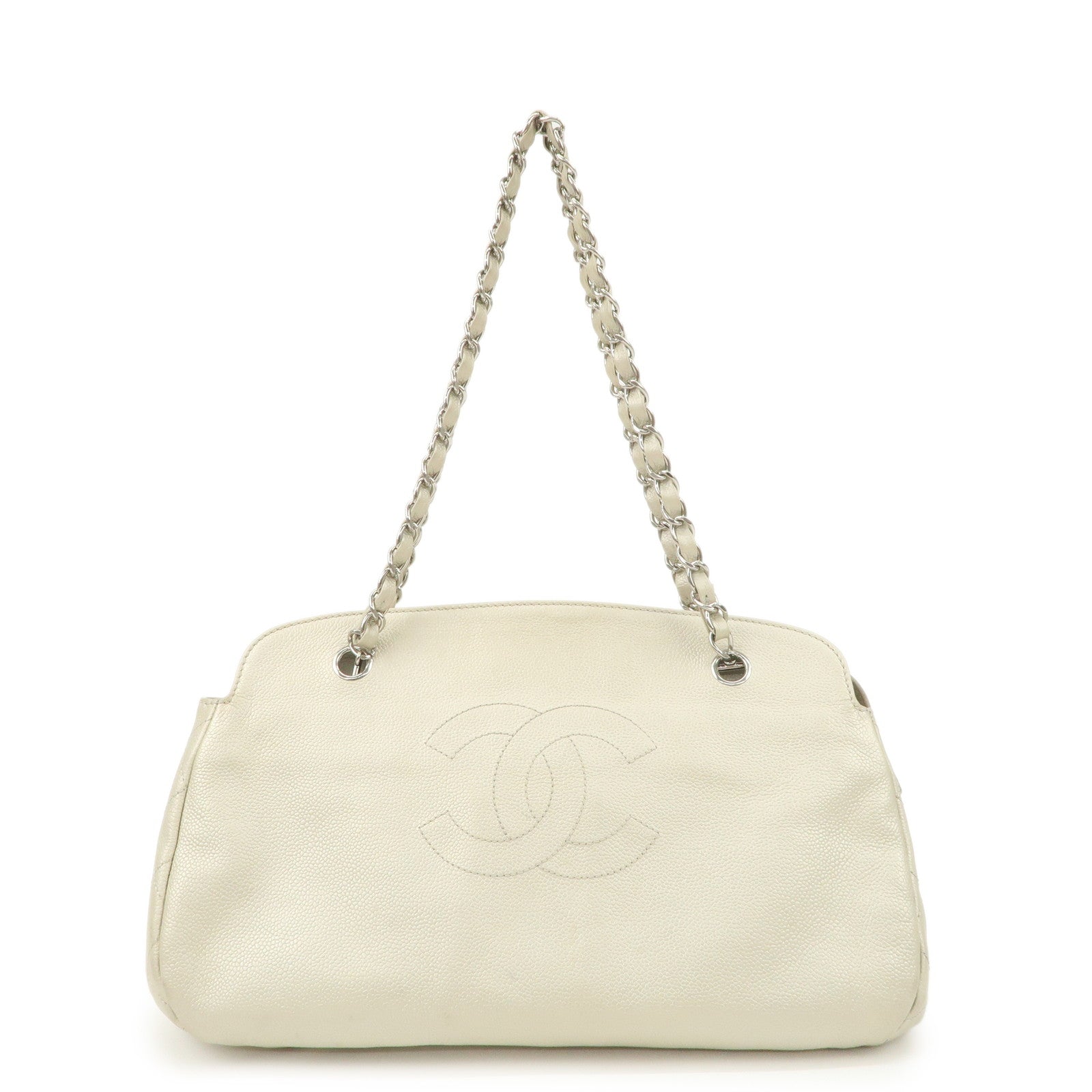 CHANEL Logo Caviarskin Chain Shoulder Bag White Silver HDW