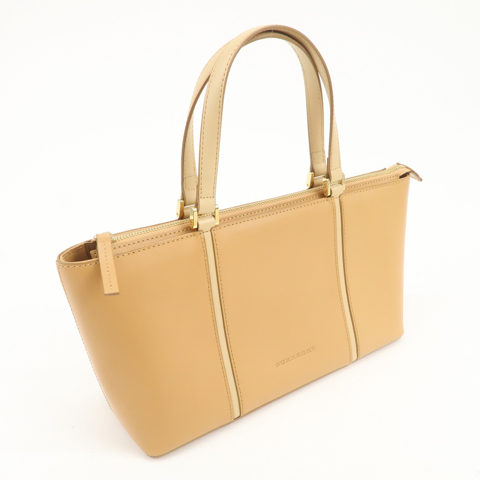 BURBERRY Nova Plaid Logo Leather Hand Bag Light Brown