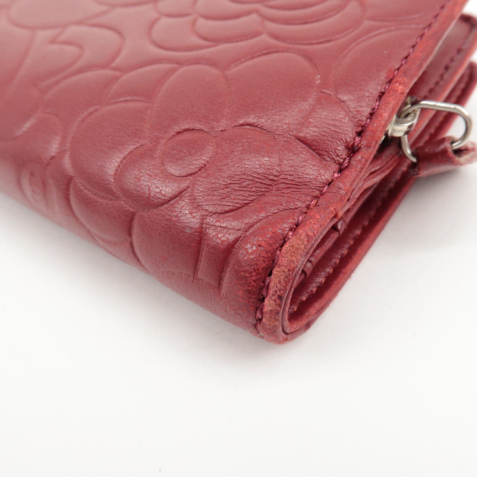 CHANEL COCO Mark Camelia Leather Bi-fold Wallet Red A50087 Used