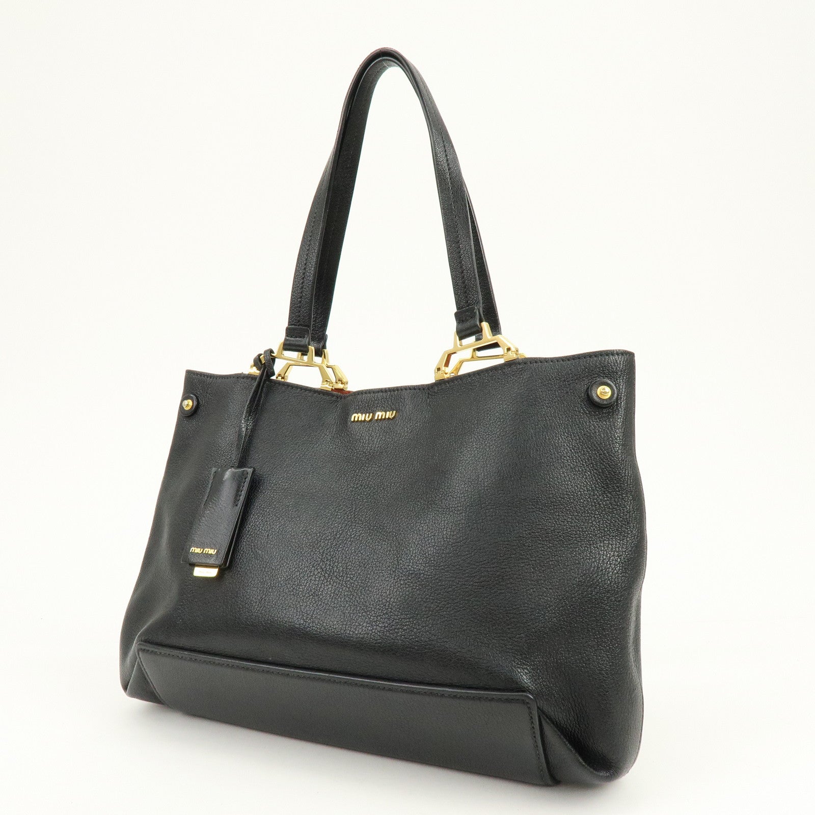 MIU MIU Logo Leather Tote Bag Hand Bag Black Gold 5BG025