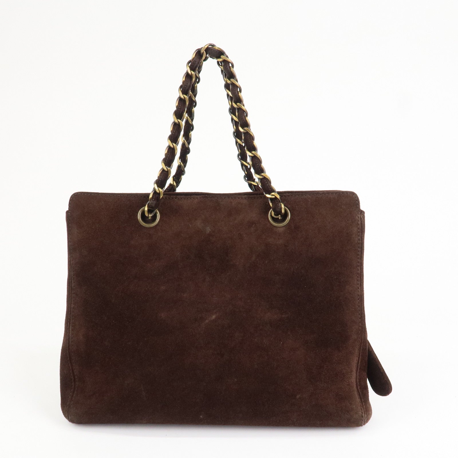 CHANEL Logo Suede Chain Tote Bag Shoulder Bag Brown