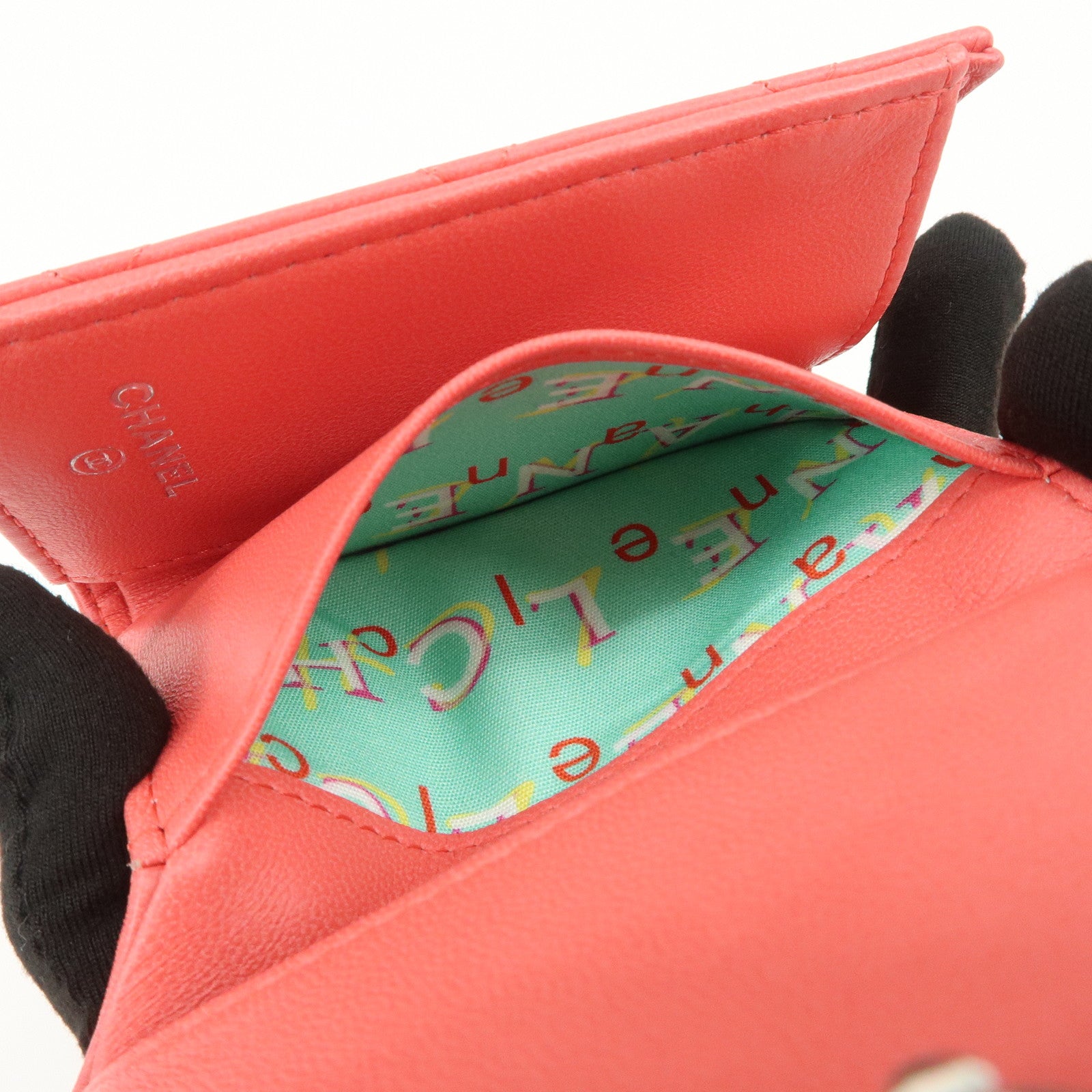 CHANEL Matelasse Lamb Skin Tri-fold Compact Wallet Coral AP0094