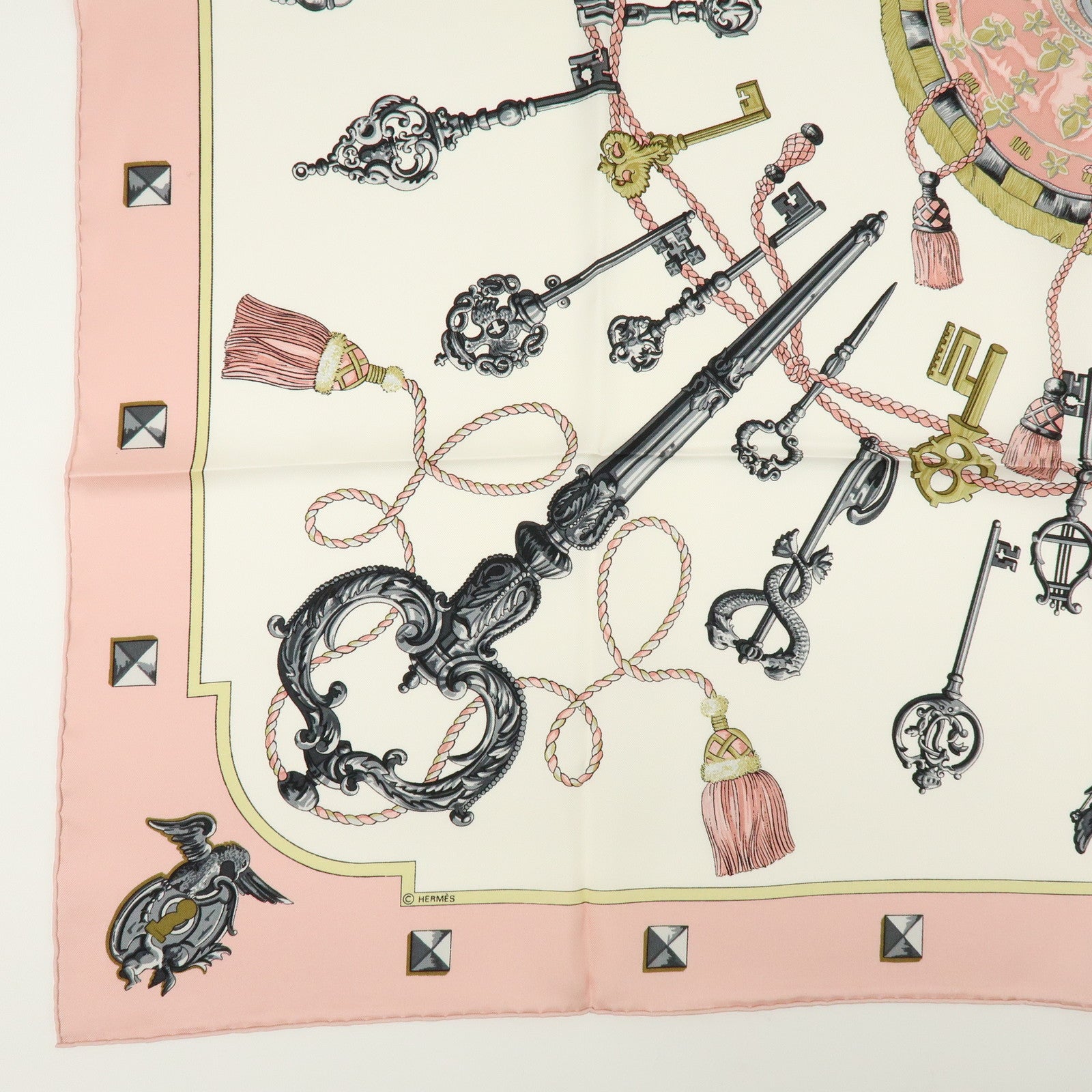 HERMES Carre 90 Silk 100% Scarf LES CLES THE KEYS RARE Light Pink