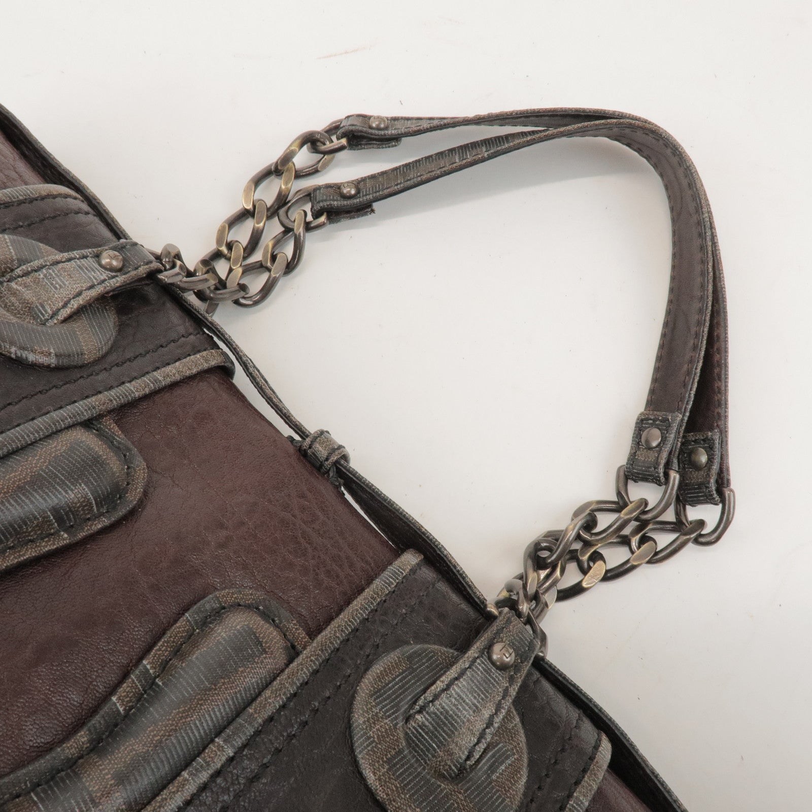 FENDI Zucca Leather PVC Coated Canvas B Bag Boston Bag Brown 8BN166