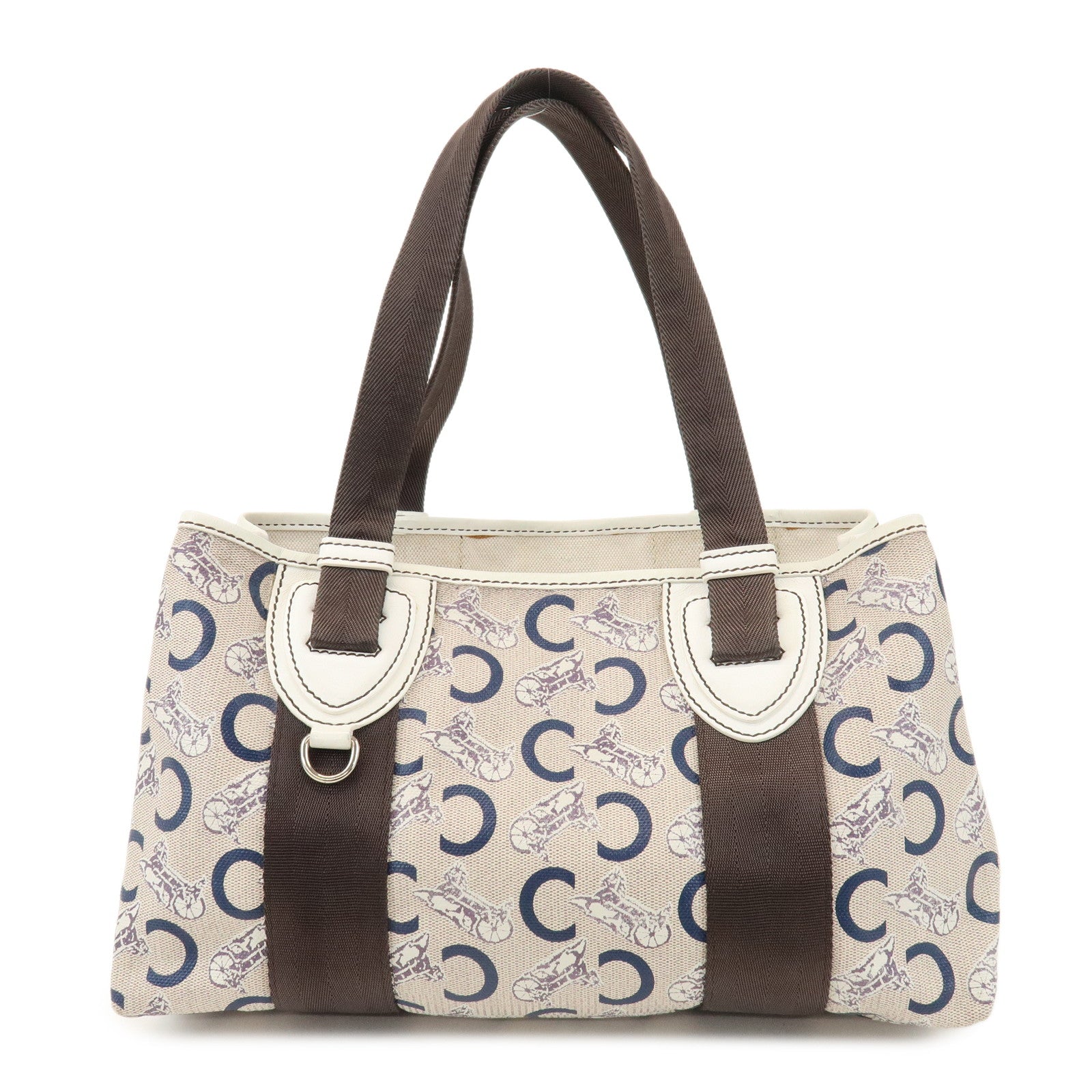 CELINE C Macadam PVC Nylon Leather Tote Bag Hand Bag Brown Beige