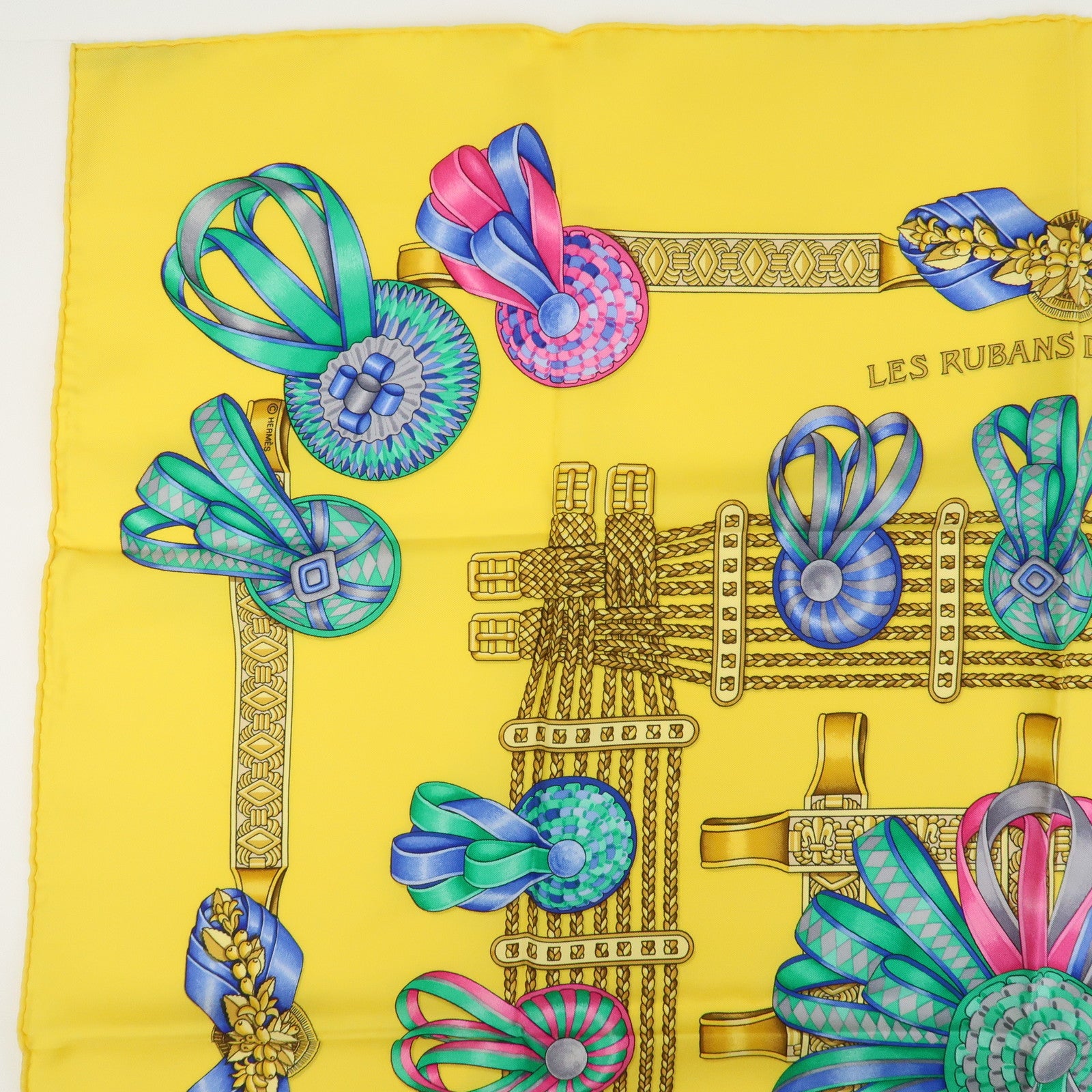 Hermes Carre 90 Silk 100% Scarf LES RUBANS DU CHEVAL Yellow