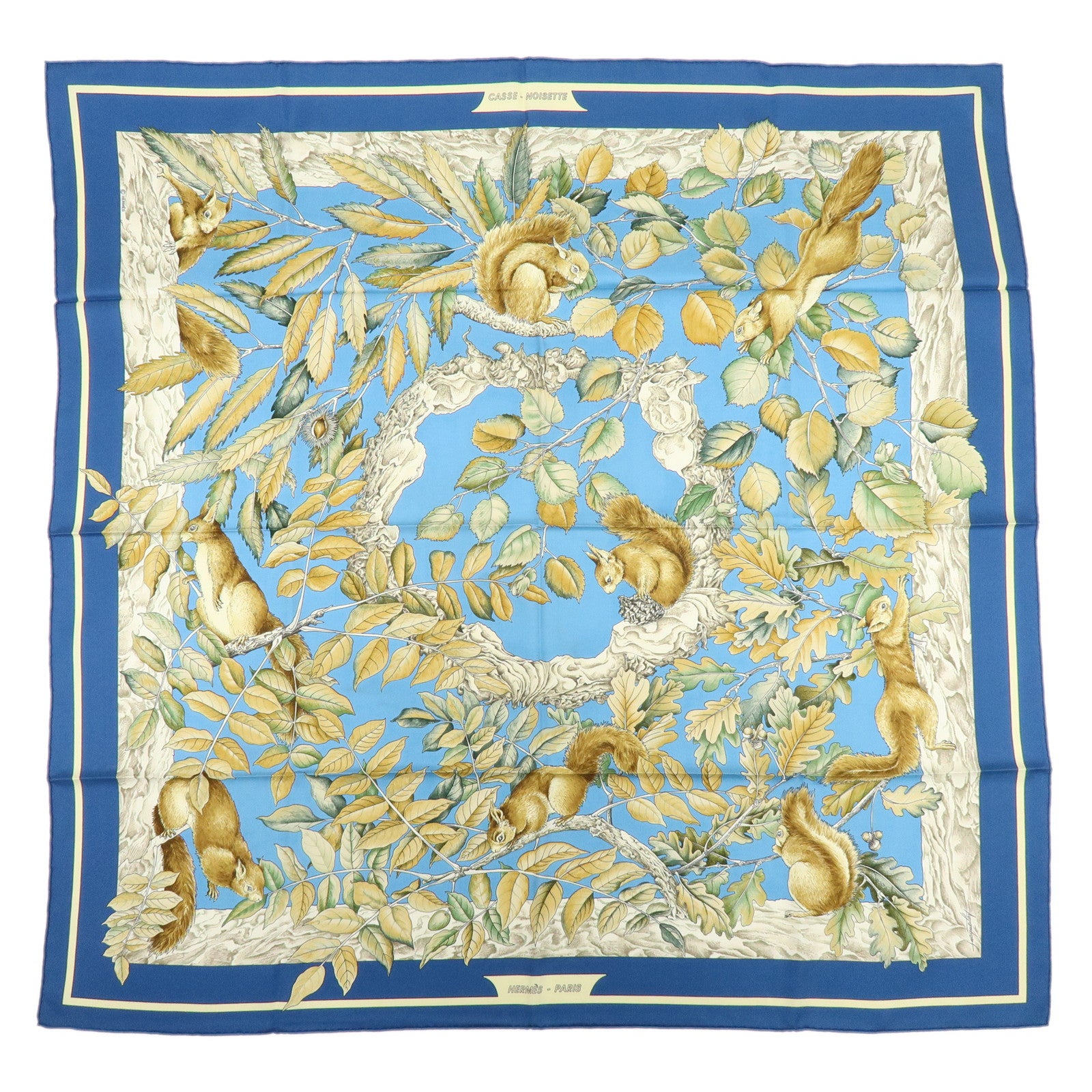 HERMES Carre 90 Silk 100% scarf Casse Noisette Squirrel Print