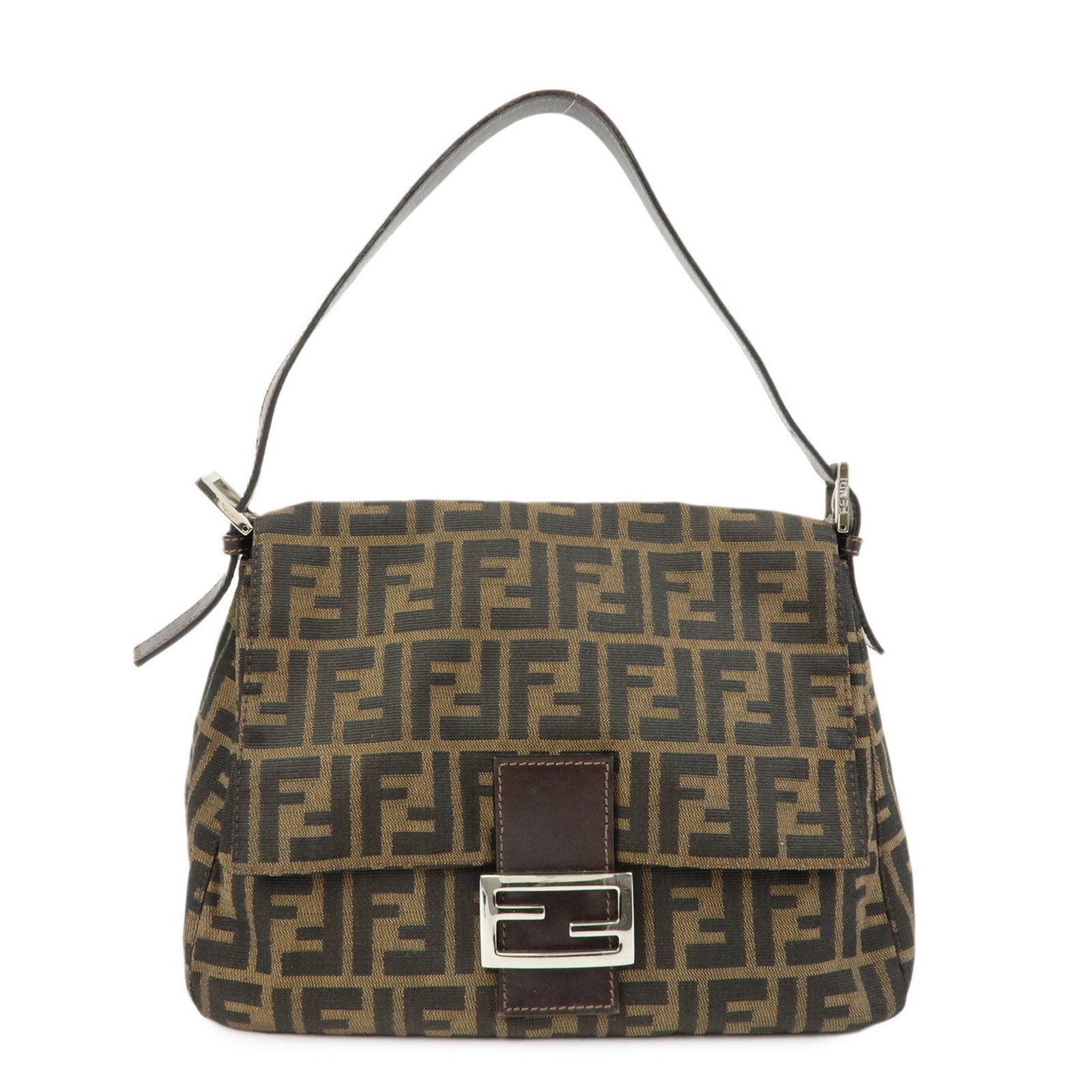 FENDI Mamma Baguette Zucca Canvas Leather Shoulder Bag Brown 26325