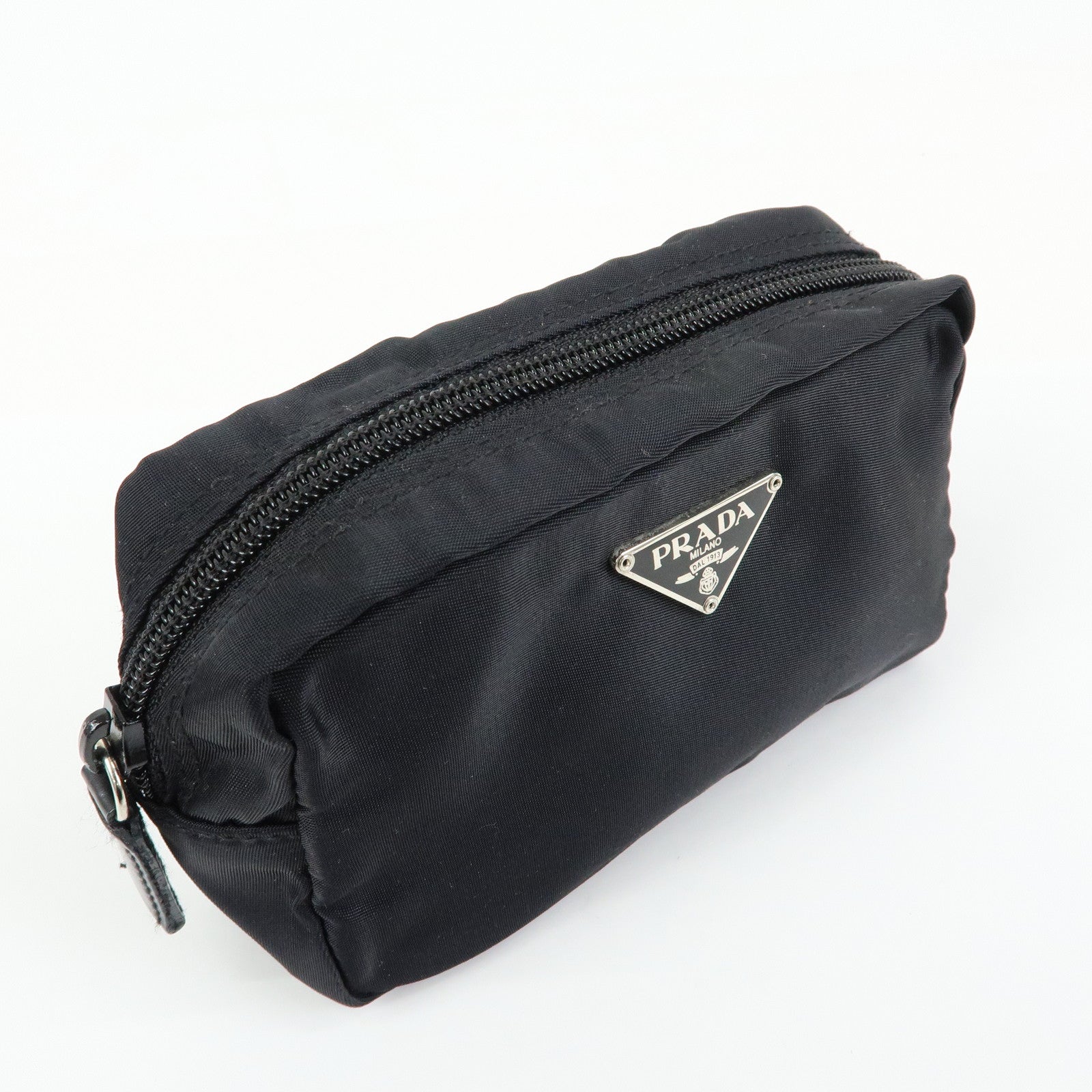 PRADA Triangle Logo Nylon Cosmetic Pouch Makeup Bag Black