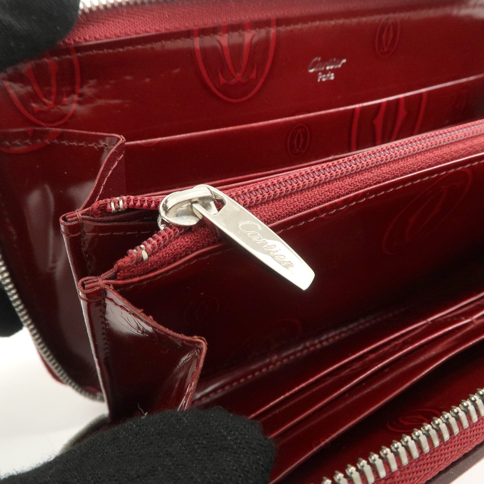 Cartier 2C Patent Leather Round Zippy Long Wallet Bordeaux Used