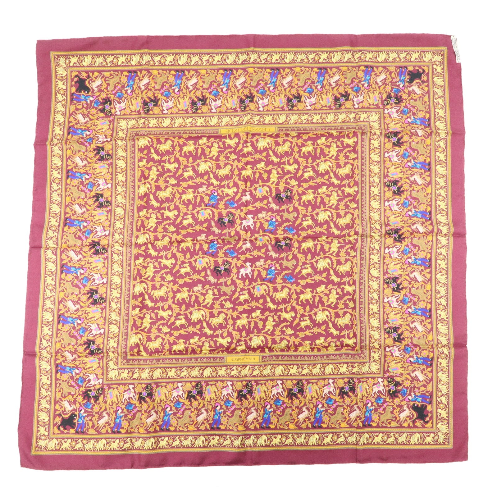 HERMES Carre 90 Silk 100% Scarf CHASSE EN INDE Bordeaux