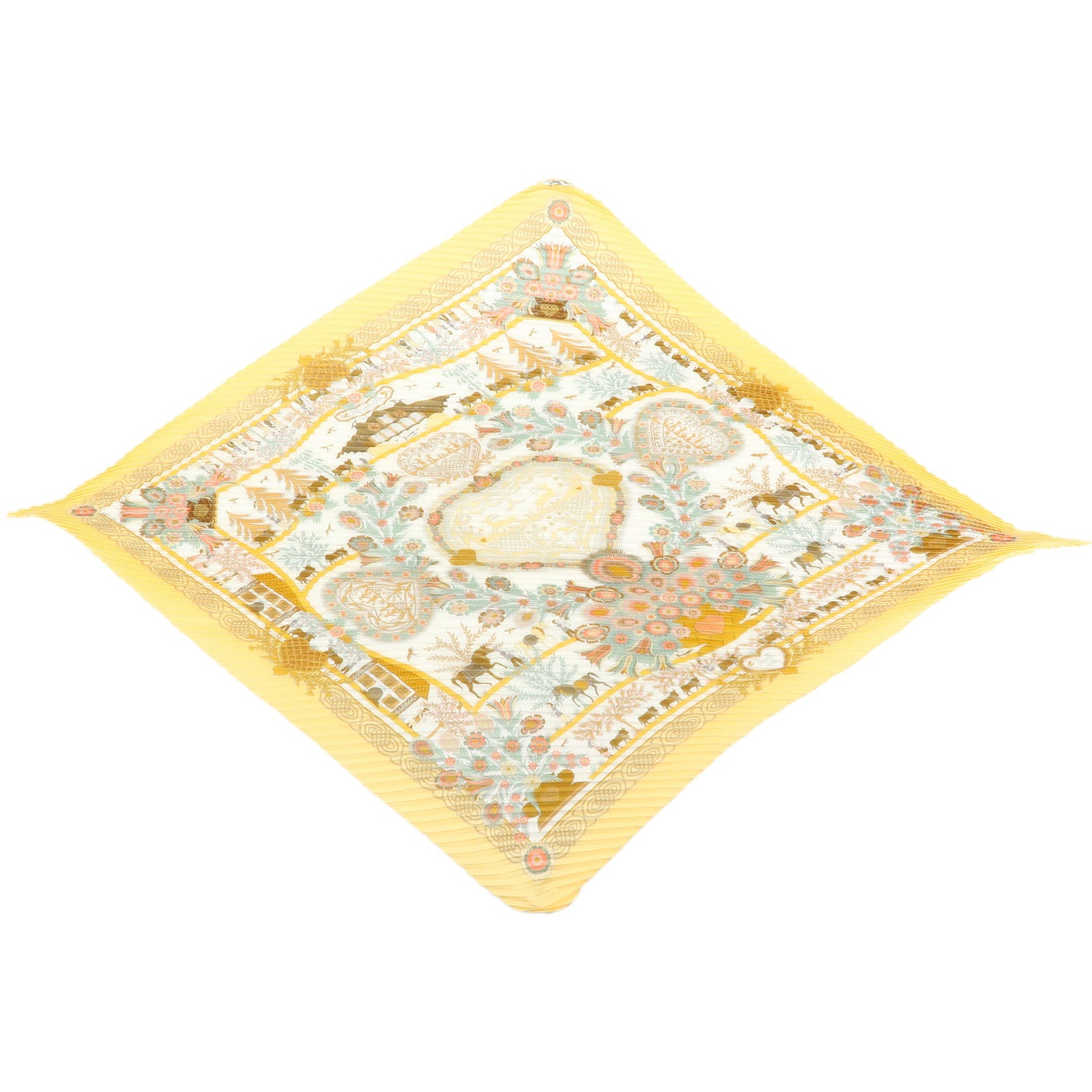 HERMES Pleated Carre 90 Silk 100% Scarf DECOUPAGES Yellow Brown
