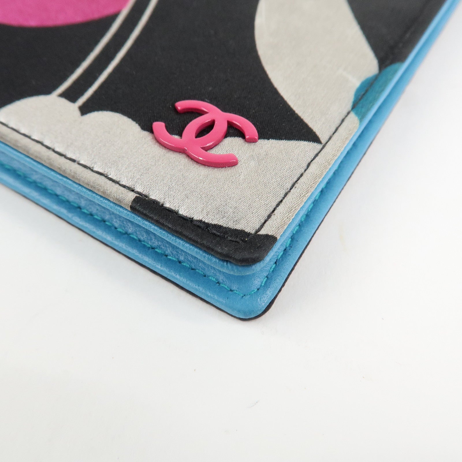 CHANEL Canvas Leather Chain Passport Case Black Multicolor