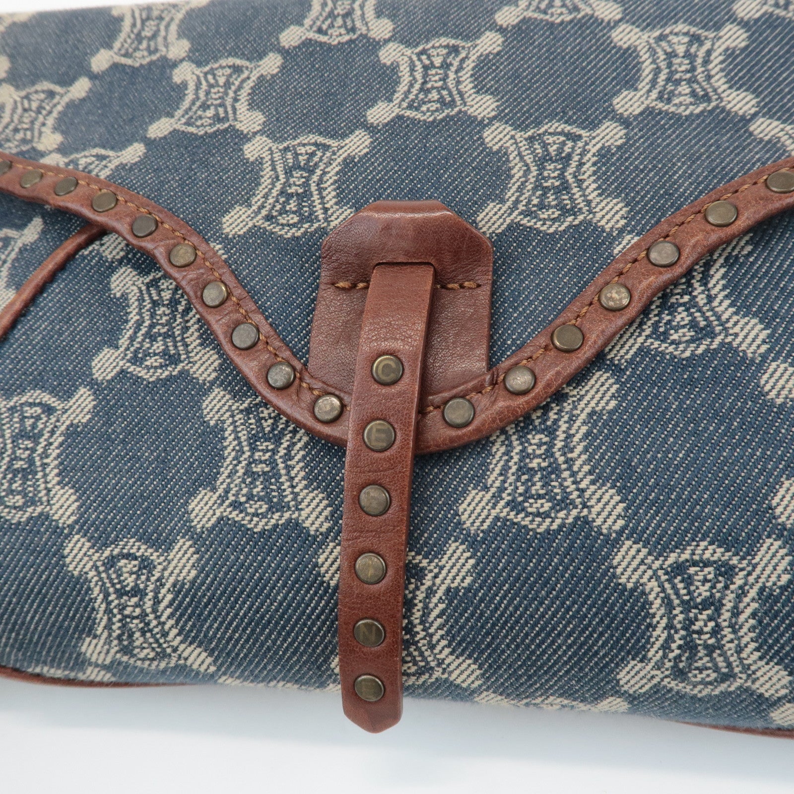 CELINE Macadam Denim Canvas Leather Shoulder Bag Blue Brown Used