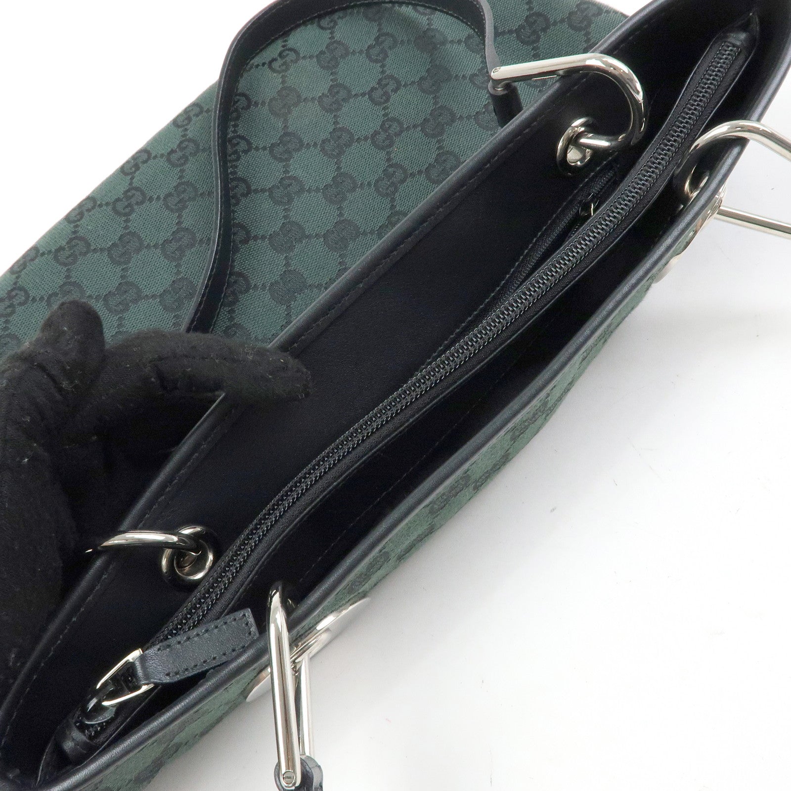 GUCCI GG Canvas Leather Tote Bag Hand Bag Green Black 285583