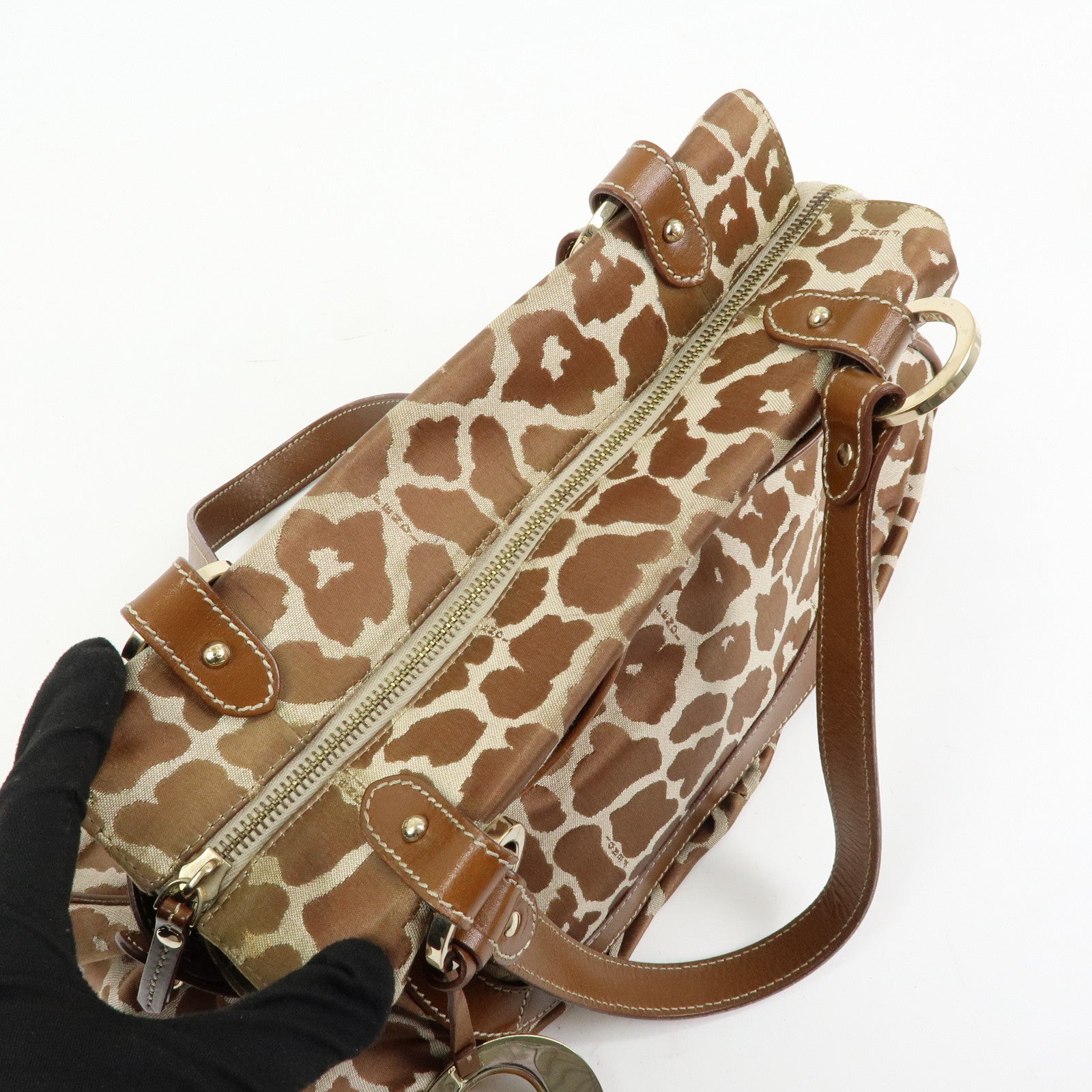 FENDI Canvas Leather Tote Bag Hand Bag Animal Print Brown 8BR628
