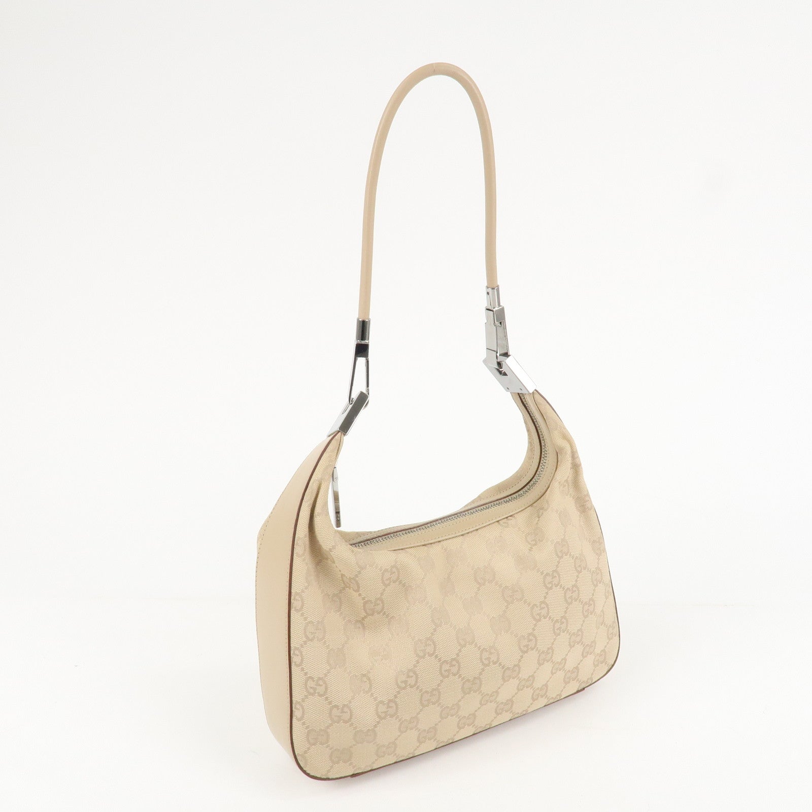 GUCCI GG Canvas Leather Shoulder Bag Beige Silver HDW 01233 Used