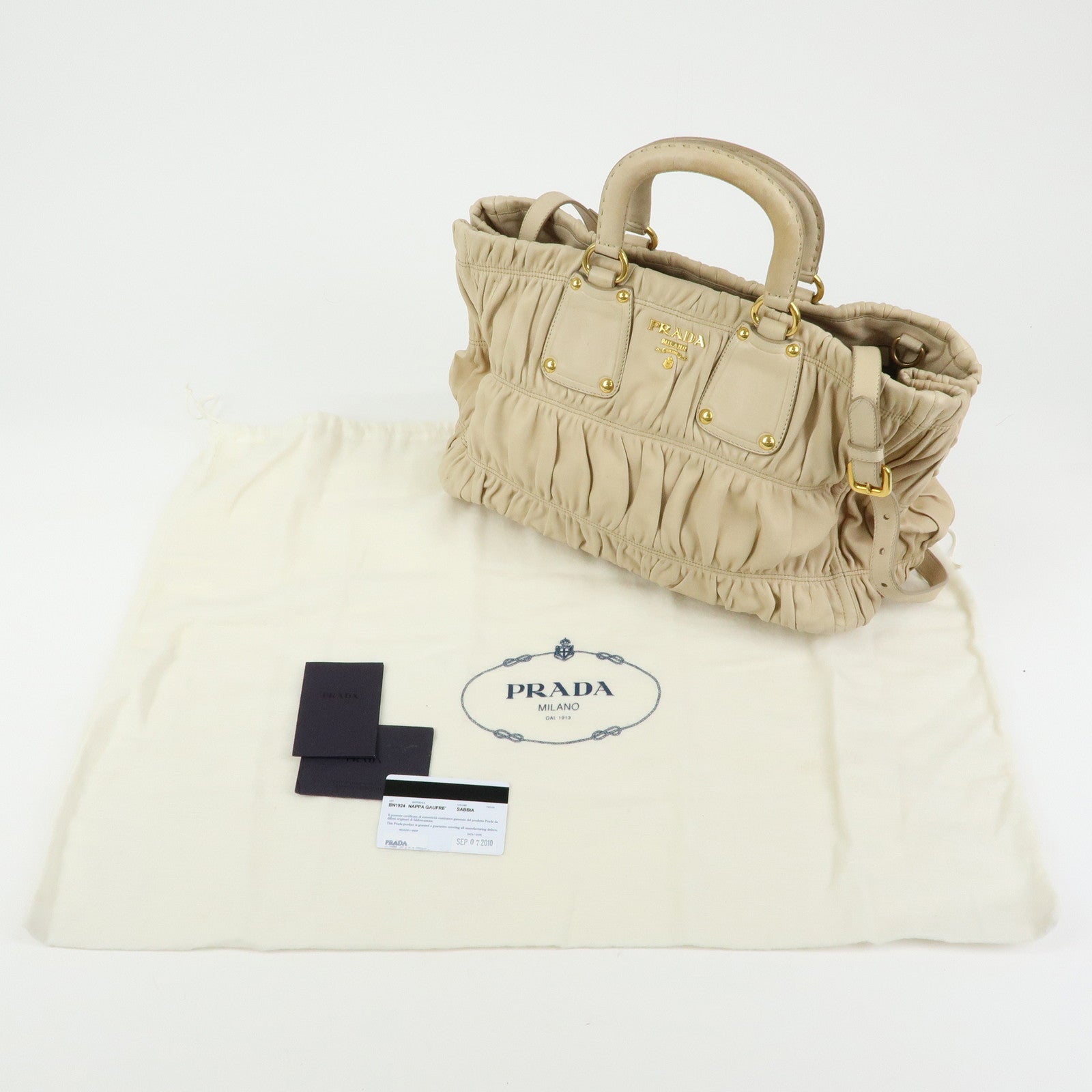 PRADA Logo Gathered Leather 2Way Hand Bag Shoulder Bag Beige BN1924