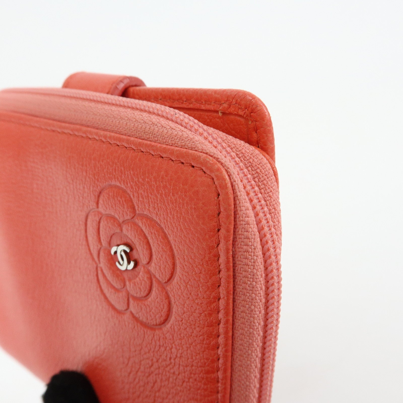CHANEL Camellia Zip Around Leather Compact Wallet Rose Pink