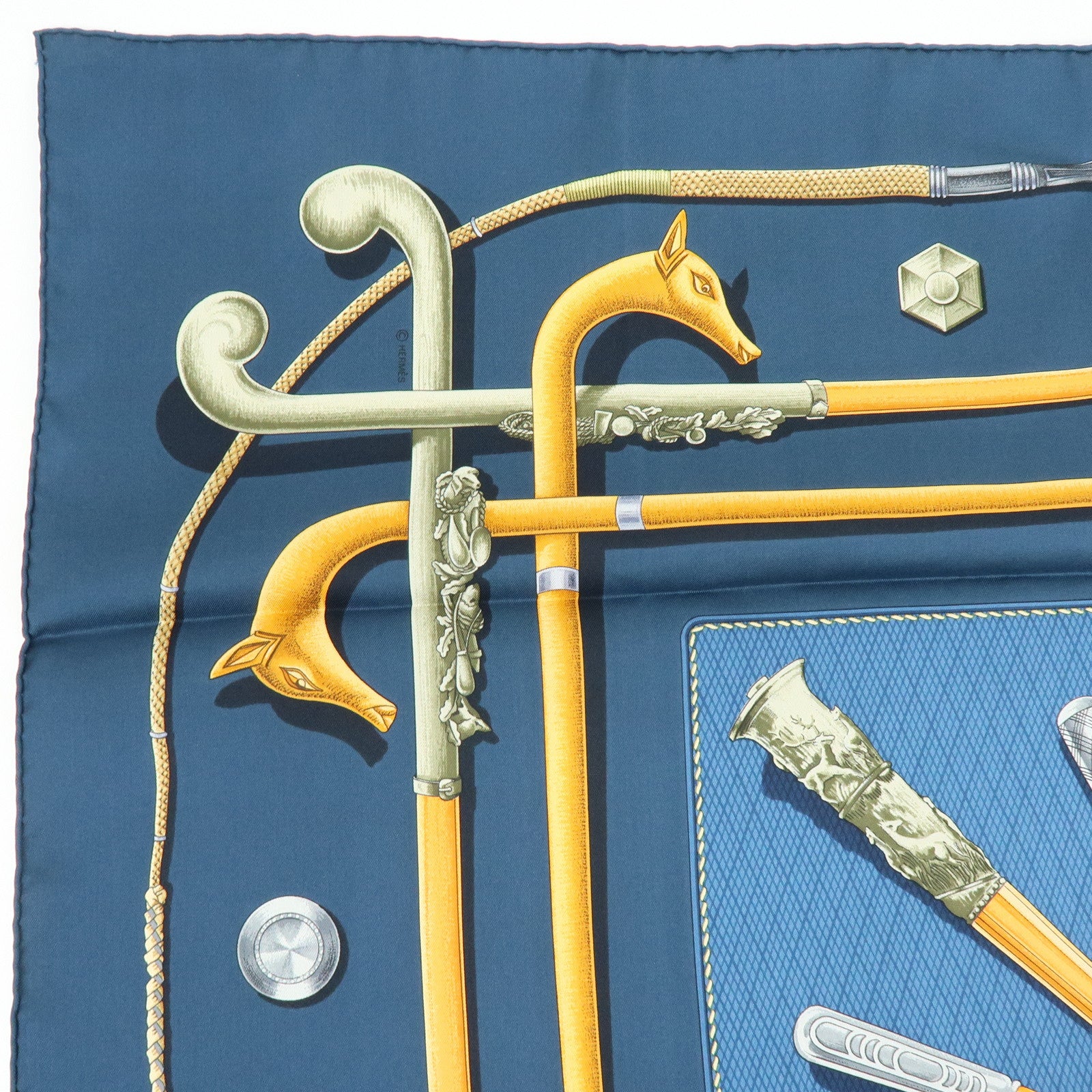 HERMES Carre 90 Silk 100% Scarf CANNES ET POMMEAUX Navy