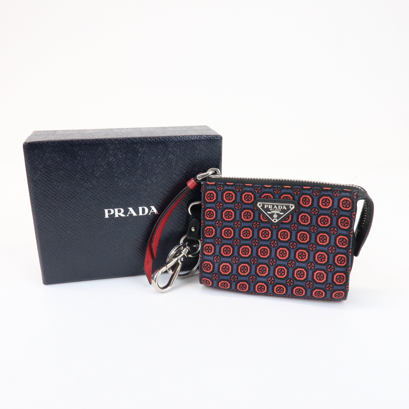 PRADA Triangle Logo Mini Pouch Key Ring Coin Case Navy Red 2TT072
