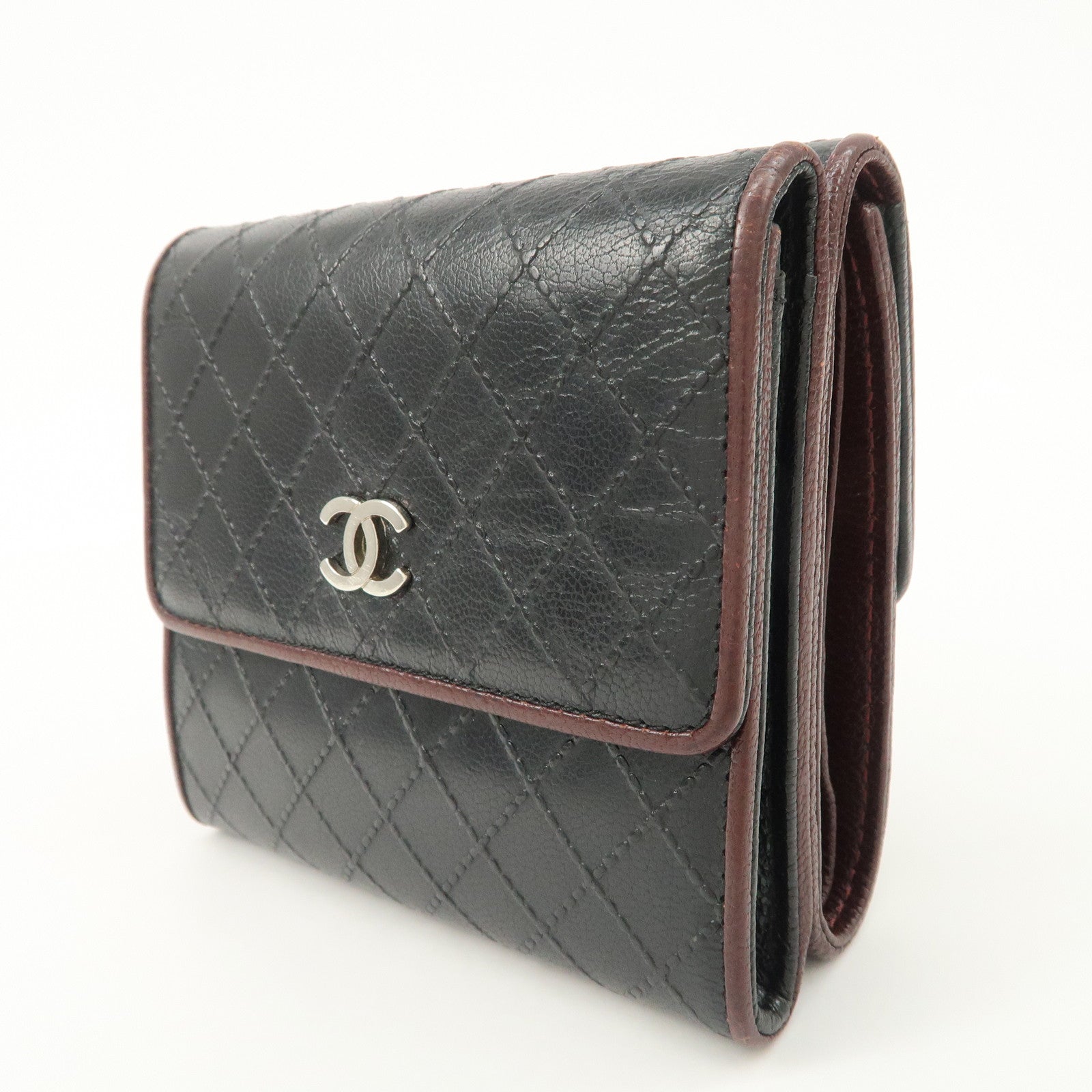 CHANEL Bicolore W Hook Leather Compact Wallet Black A33910 Used
