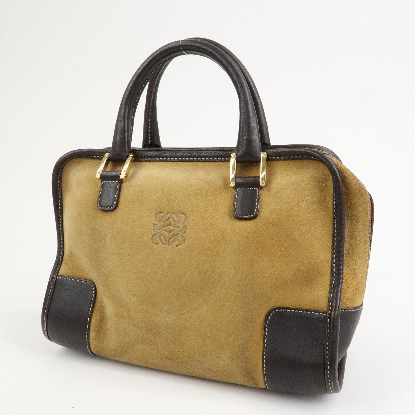 LOEWE Anagram Leather Suede Amazona 28 Hand Bag Beige Brown