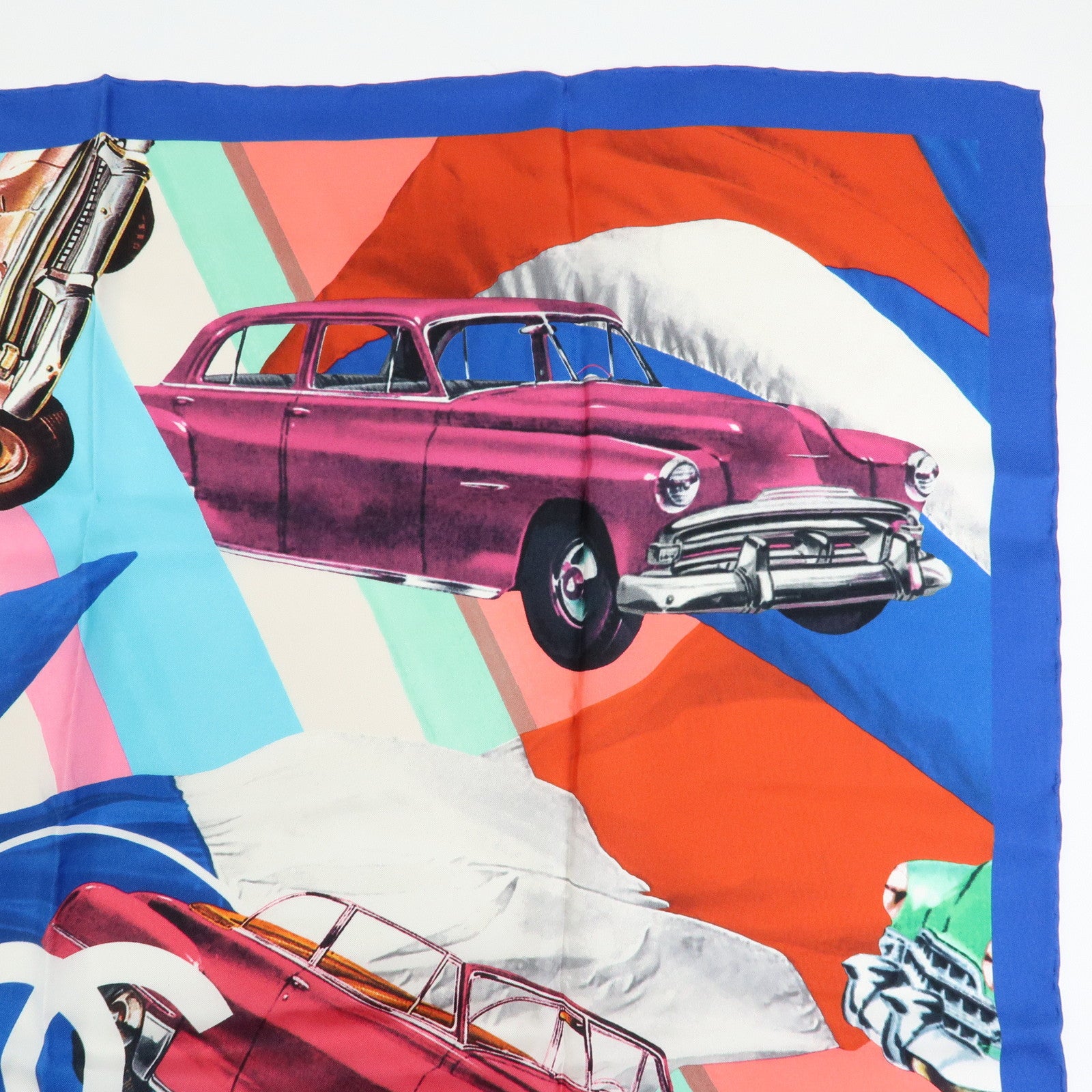 CHANEL Silk 100% Scarf Classic Car Print Blue Pink