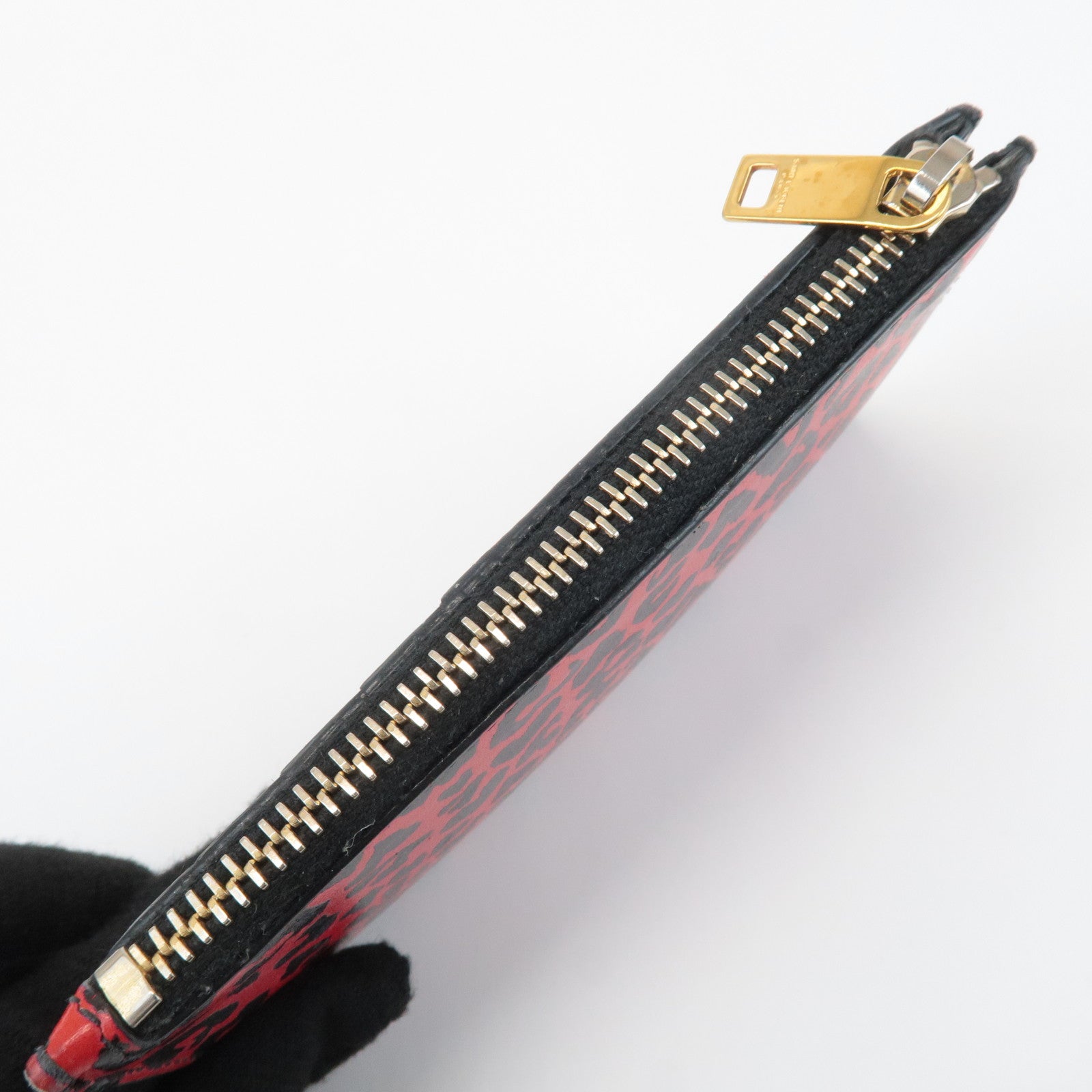 Saint Lauren Leather Animal Leopard Coin Case Card Case Black Red Used
