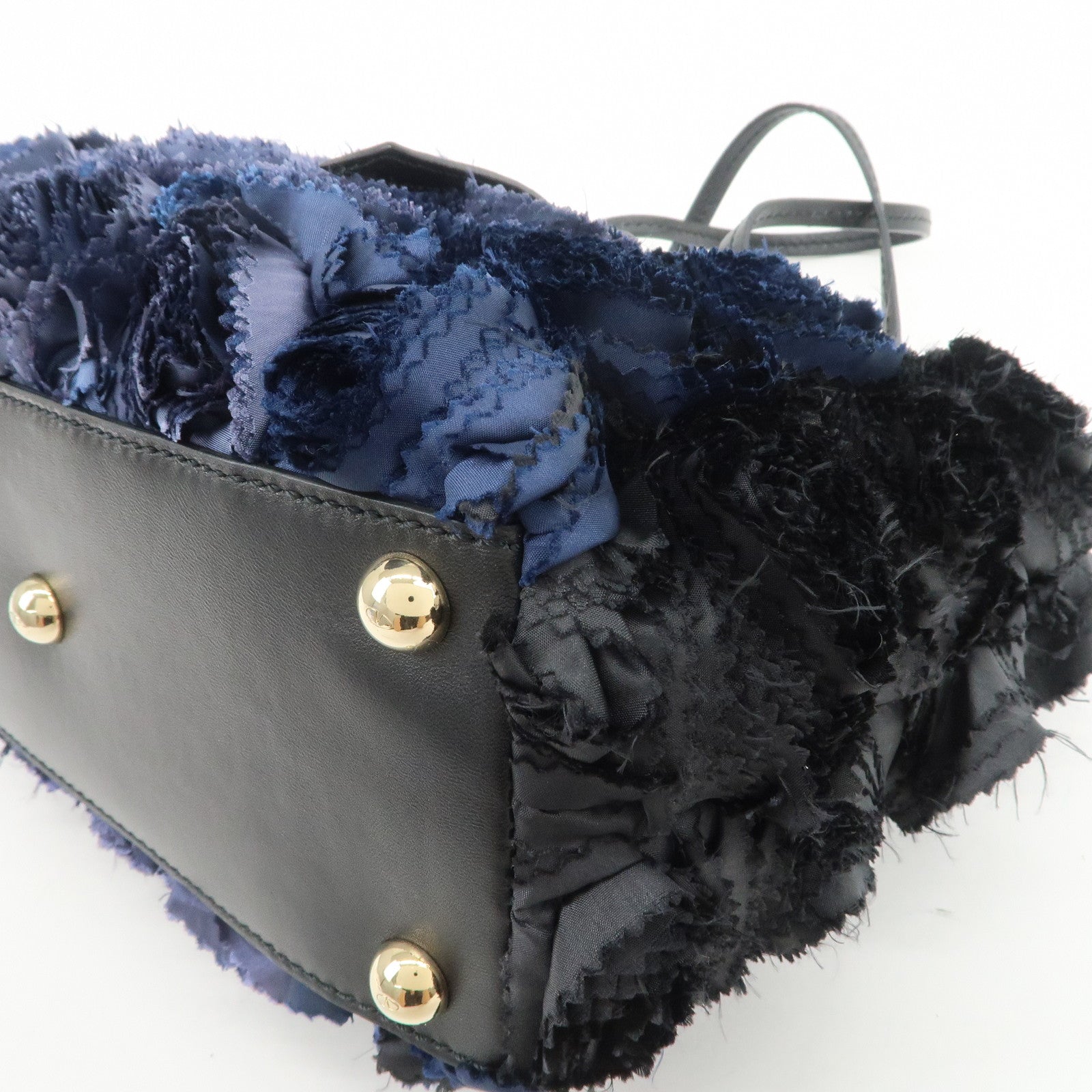 VALENTINO Logo Nylon Leather Hand Bag Navy Gold
