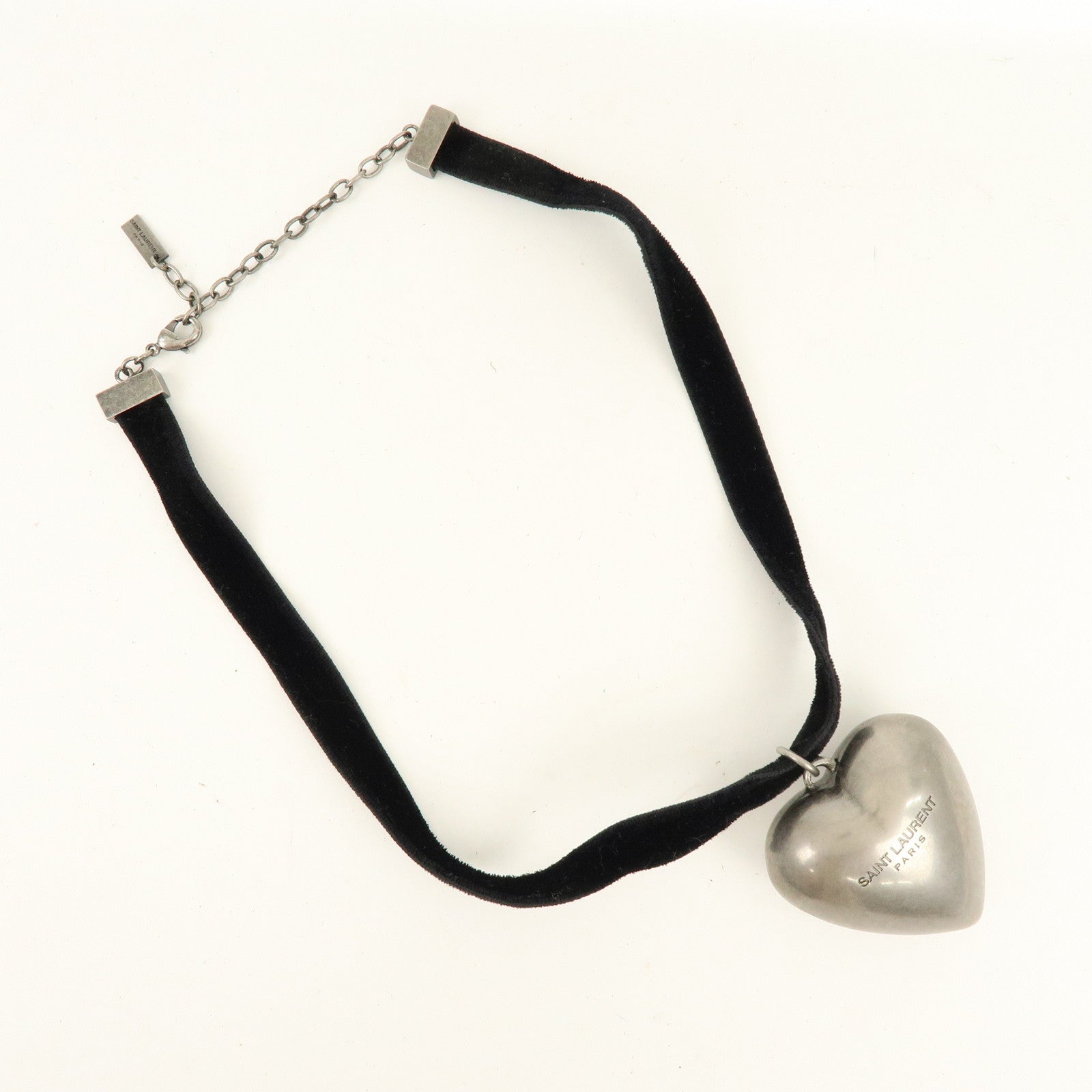 SAINT LAURENT PARIS Velour Oversize Heart Choker Necklace Silver