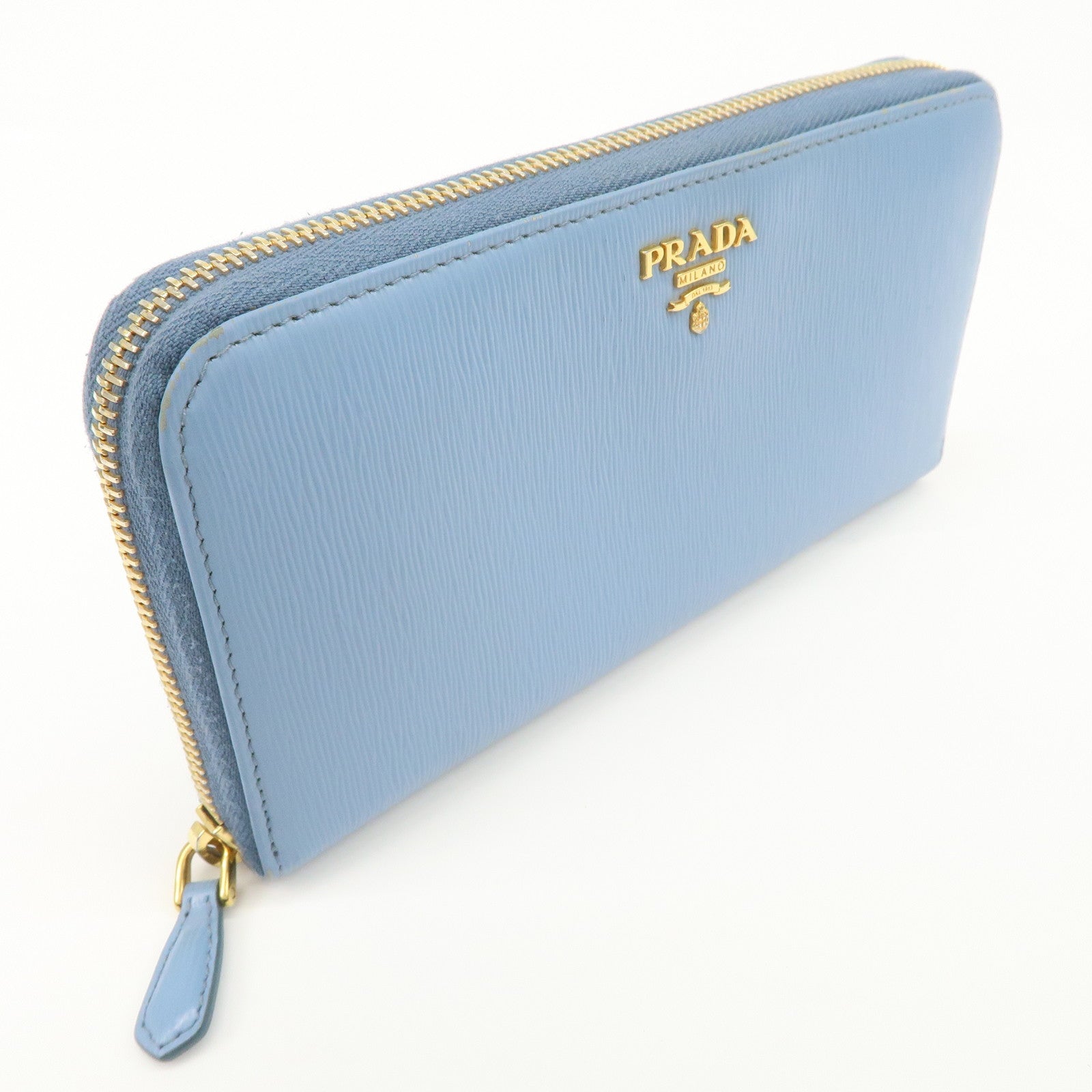 PRADA Logo Vitello Move Leather Zippy Long Wallet Light Blue 1ML506