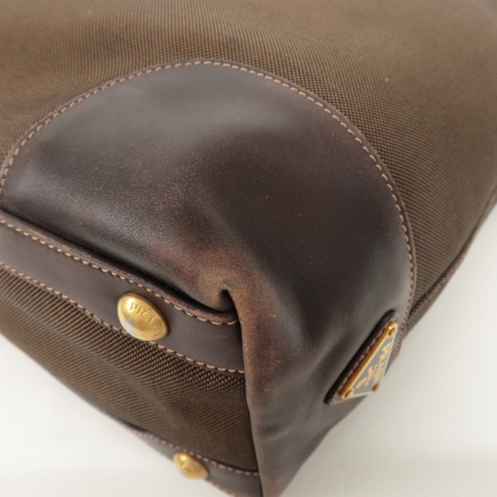 PRADA Triangle Logo Jacquard Leather 2Way Bag Tote Bag Brown Used