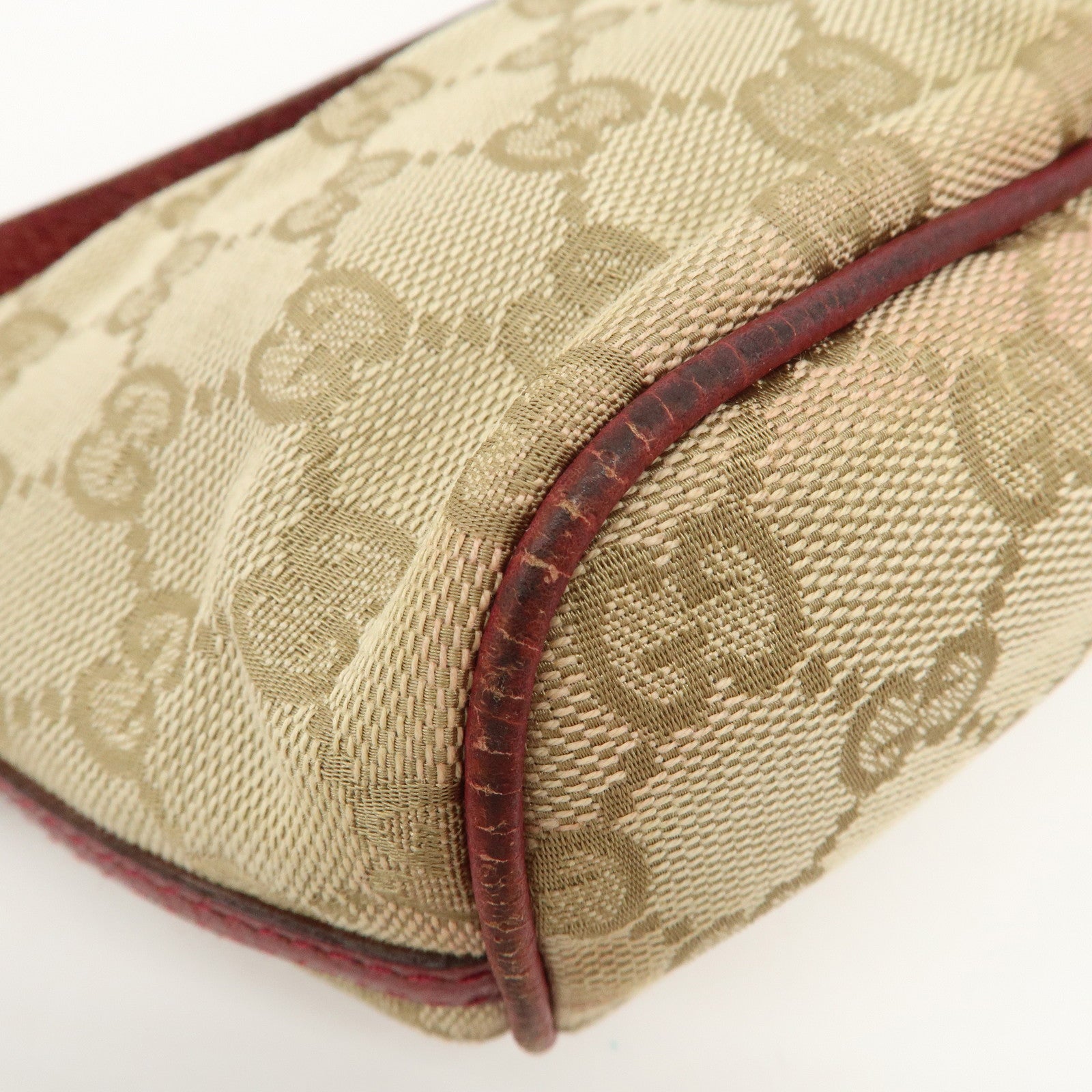 GUCCI Boat Bag GG Canvas Leather Hand Bag Pouch Beige Red 07198