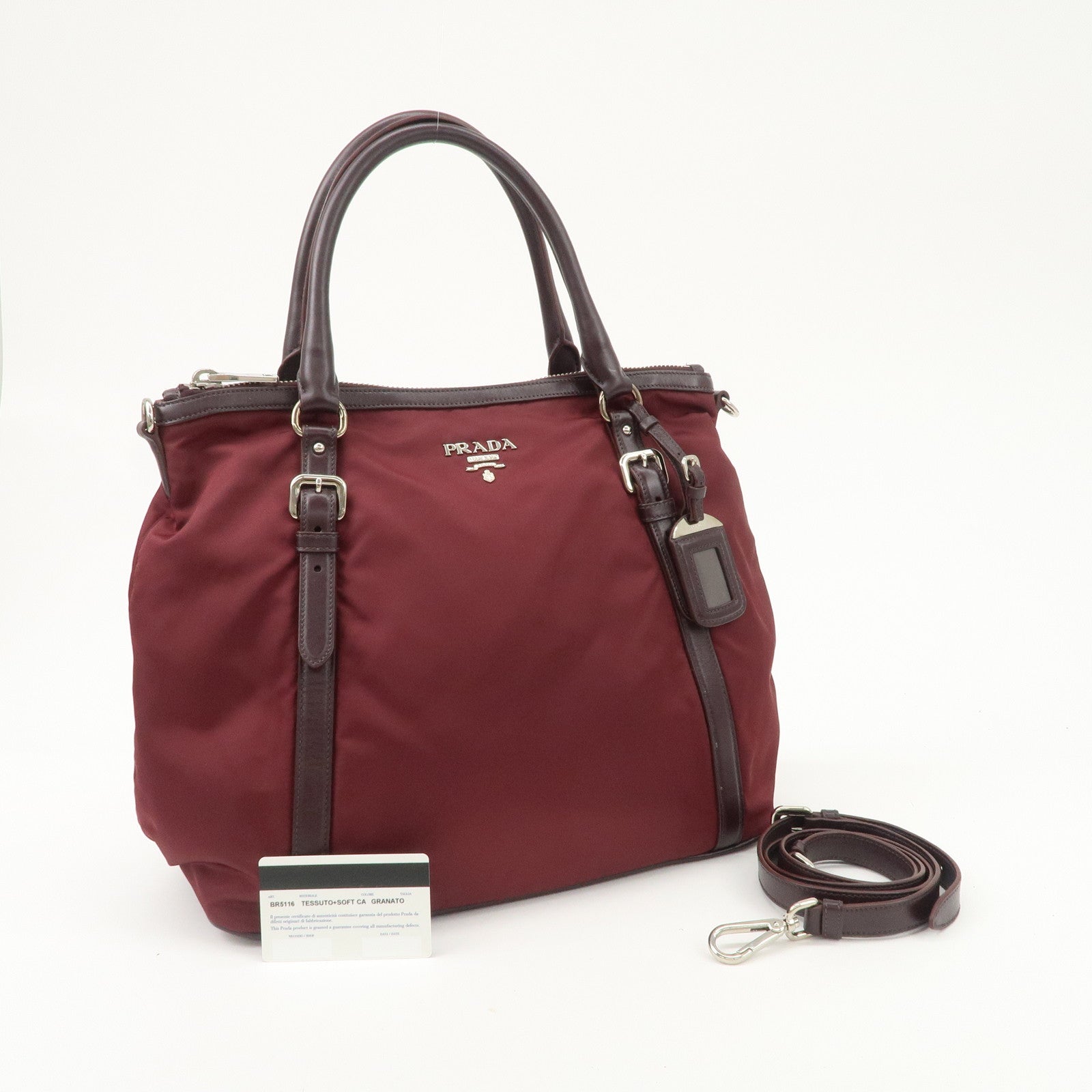 Prada Logo Tessuto Nylon Hand Bag Shoulder Bag Burgundy Red BR5116 Used
