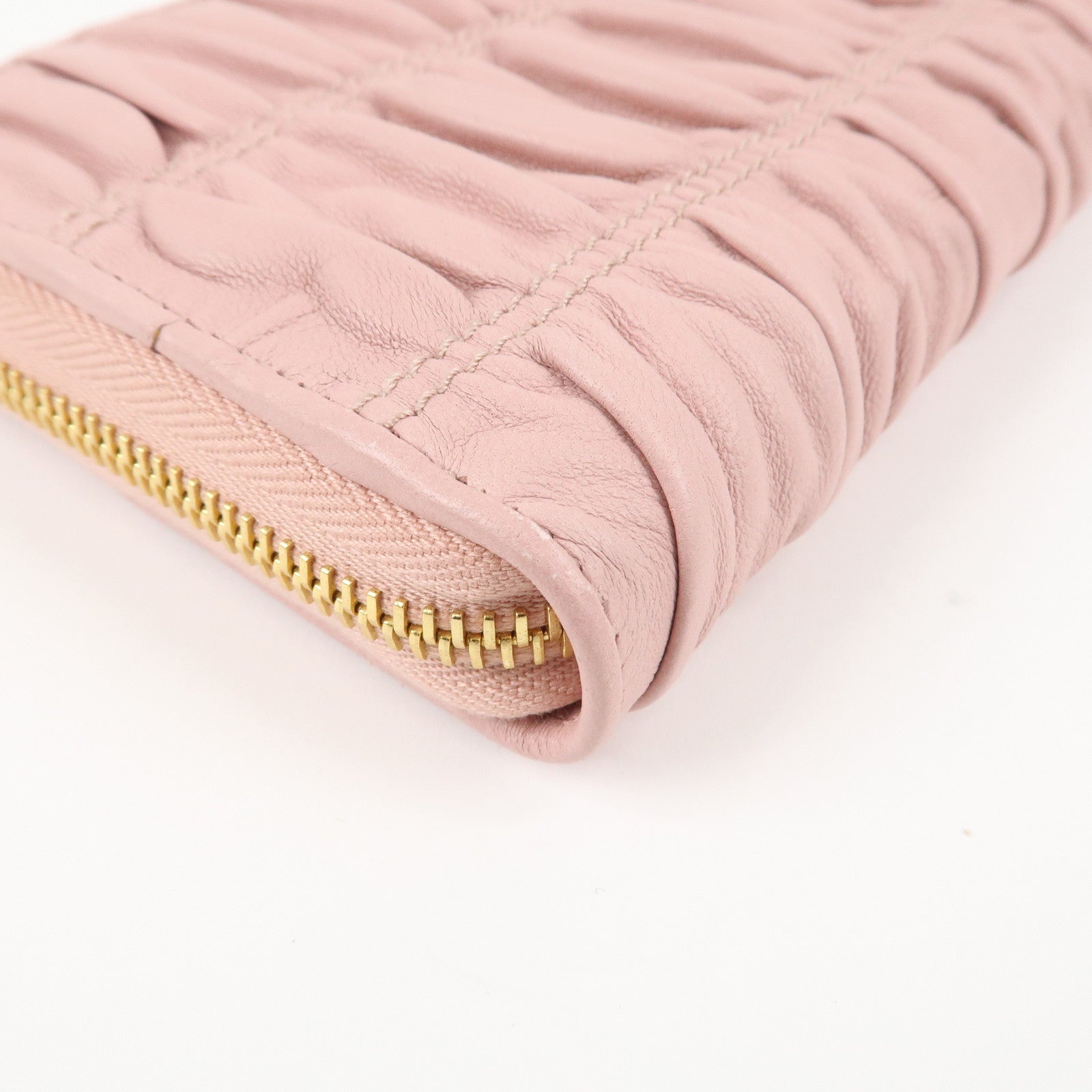 PRADA Leather Gather Round Zippy Wallet Gold Hardware Pink 1M0506 Used