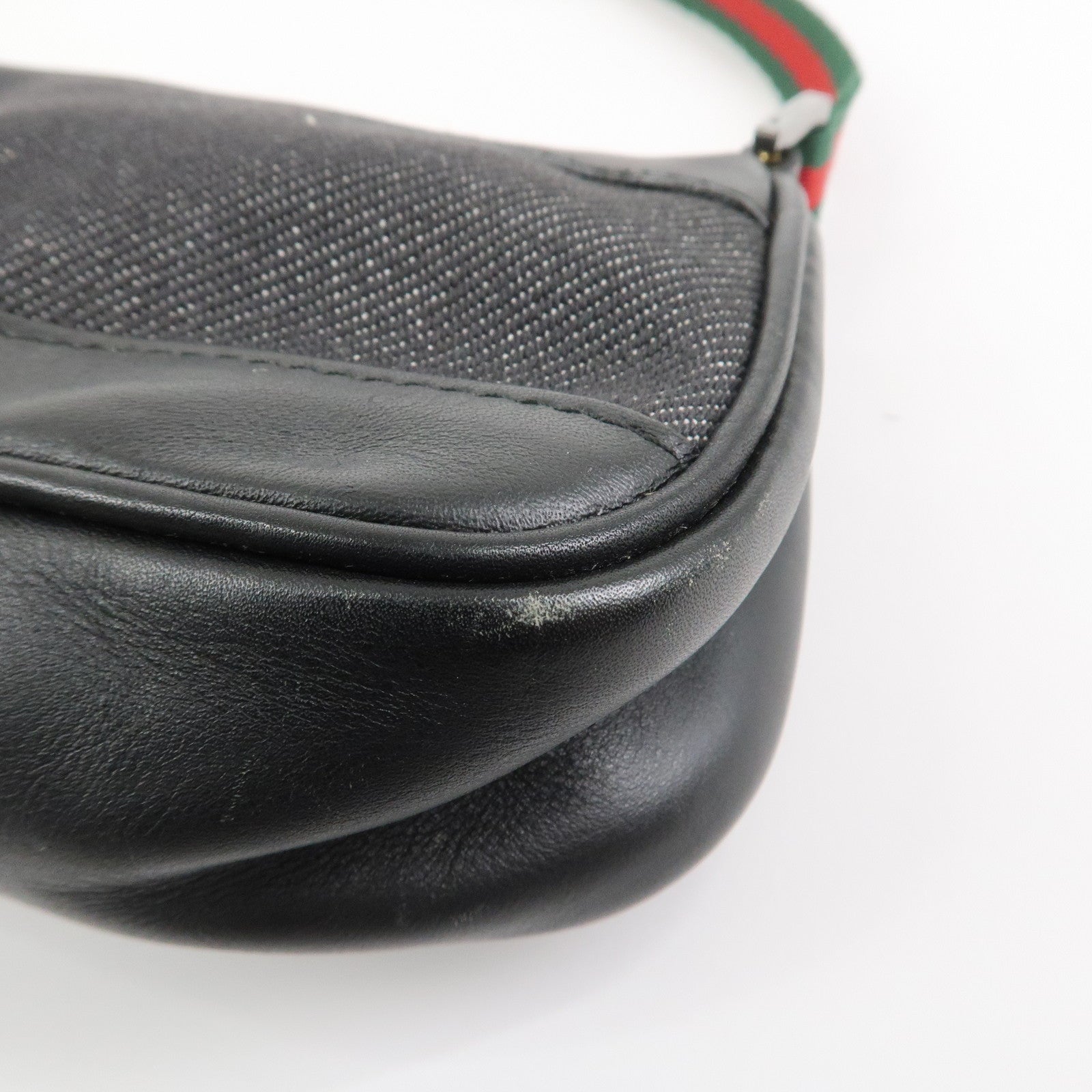 GUCCI Sherry Denim Leather Accessory Pouch Hand Bag Black 92820