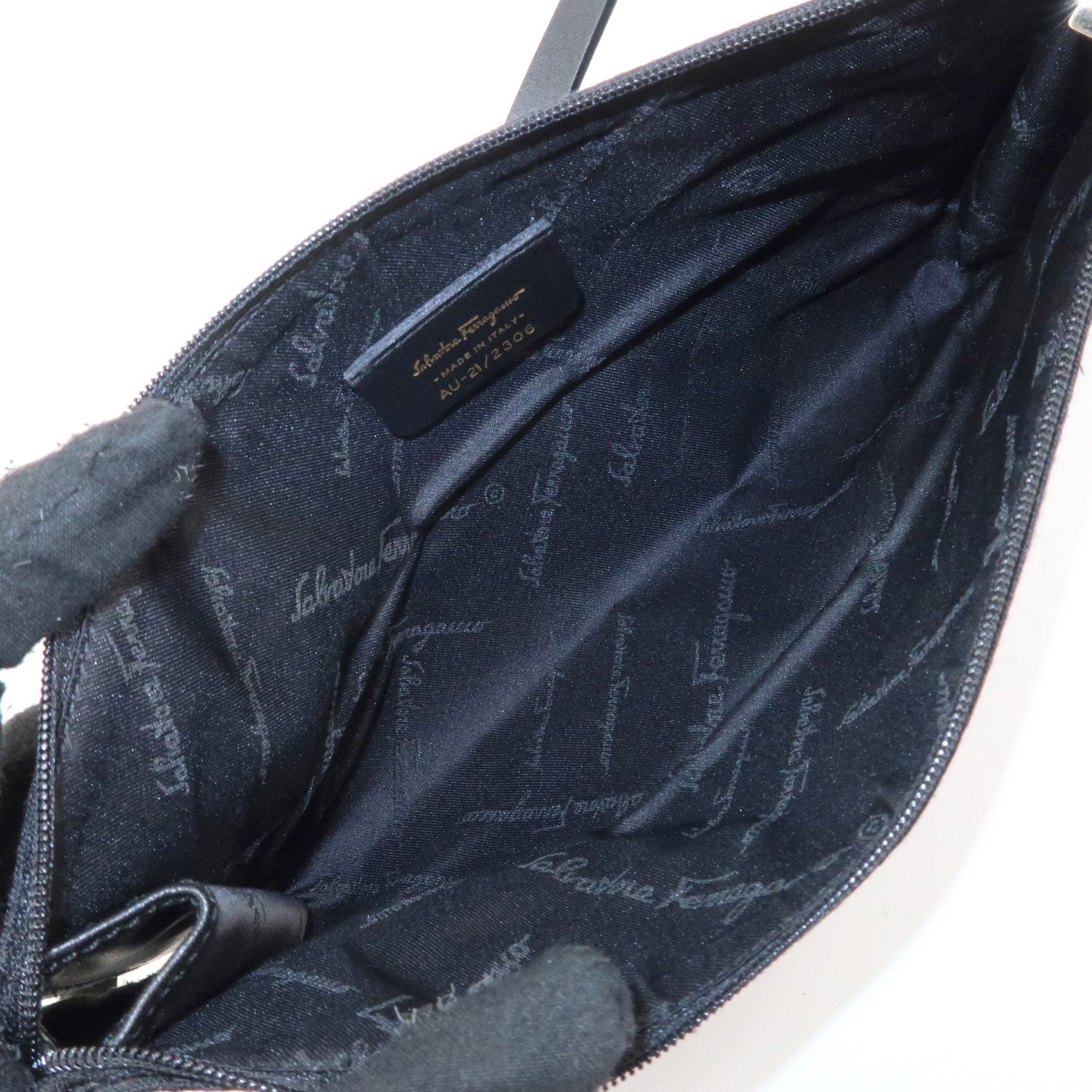 Ferragamo Ganchini Canvas Leather Shoulder Bag Hand Bag Black Used