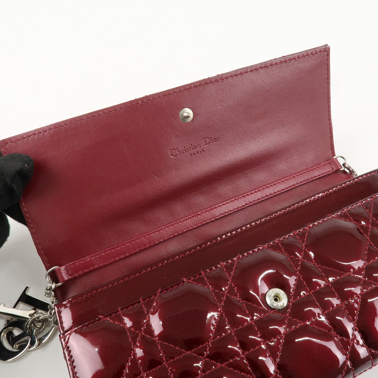 Christian Dior Lady Dior Cannage Patent Leather Chain Wallet Bordeaux Used