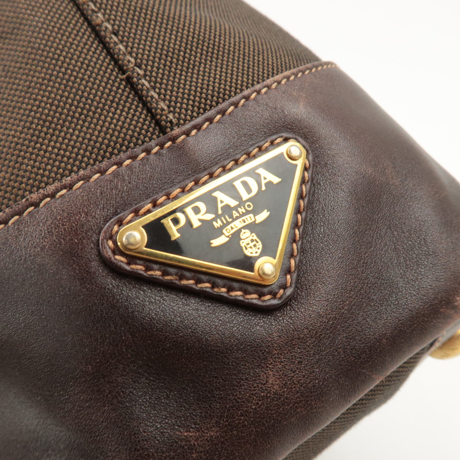 PRADA Triangle Logo Jacquard Leather 2Way Bag Tote Bag Brown Used